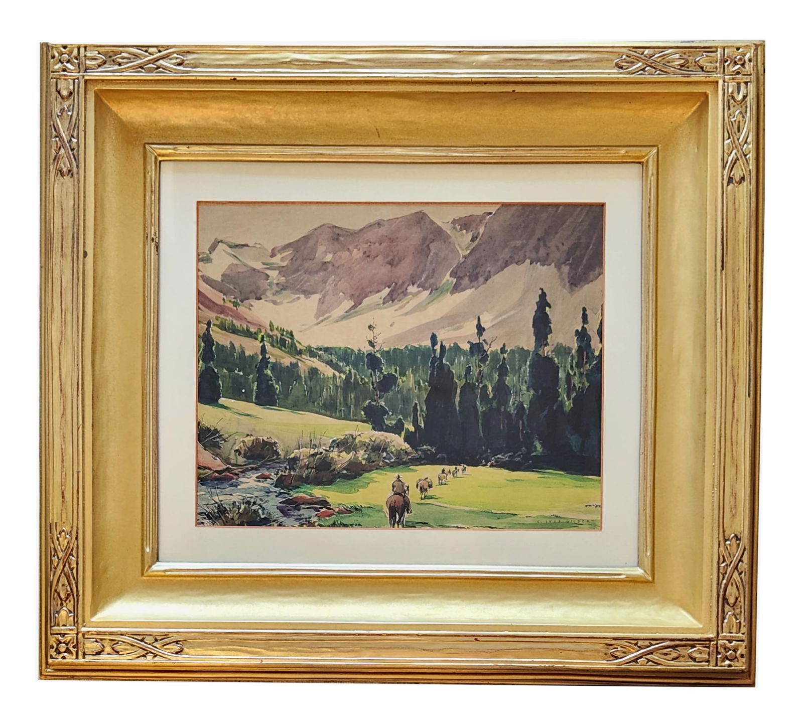 Carl Ivar Gilbert (1882 - 1959) American: Carl Ivar Gilbert (1882 - 1959) American Title: In the Rockies Watercolor on Paper Measure 13 1/2"in H x 16 1/2"in W and 26"in H x 29"in W framed Biography: Was active/lived in New York, New Hampshire