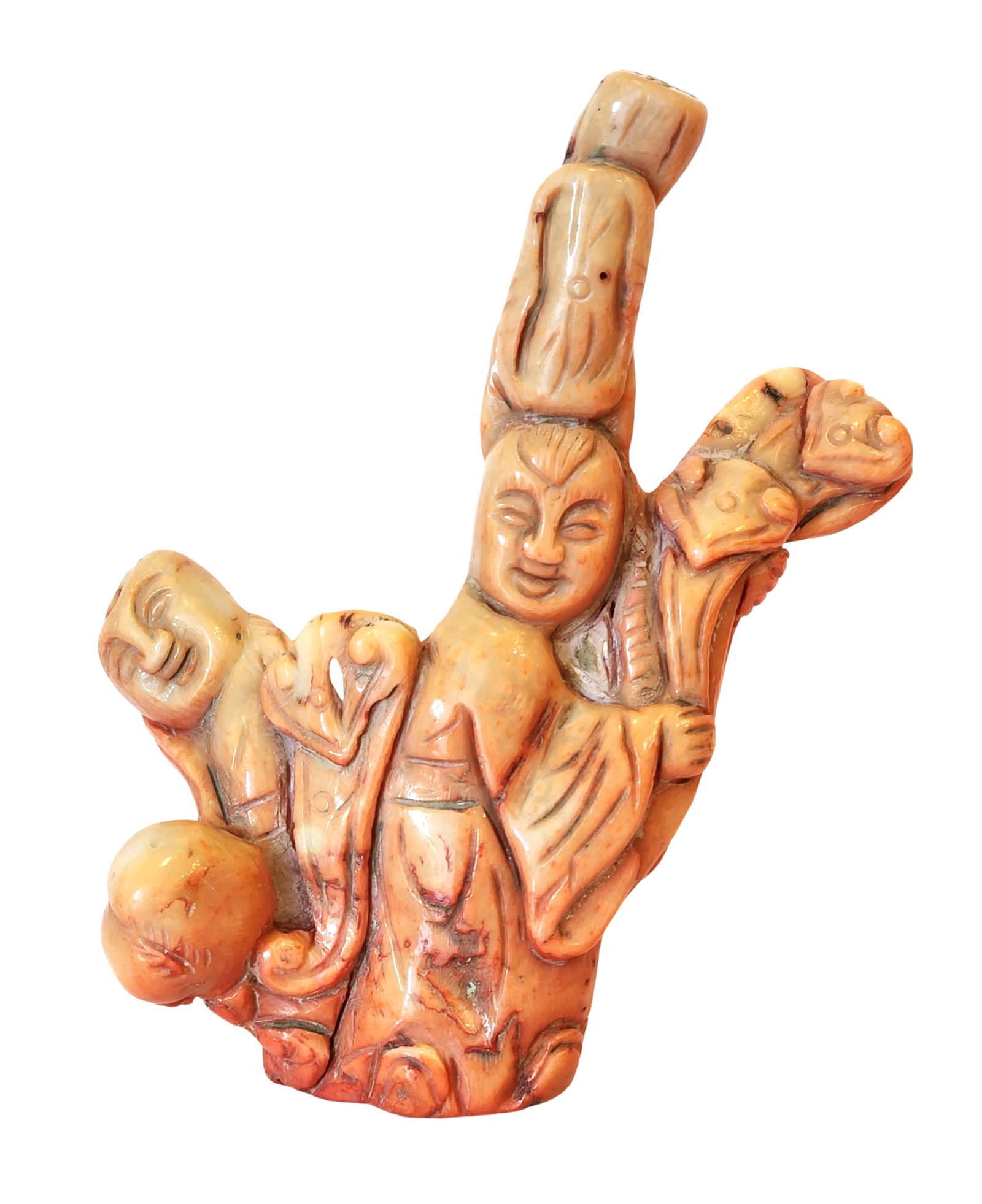 Antique Carved Red Coral Figure Group, Mid-20th Century: A Mediterranean red coral carving worked from a natural branch, depicting a group of figures in flowing robes with expressive faces and symbolic details. The piece highlights the warm red-orange color