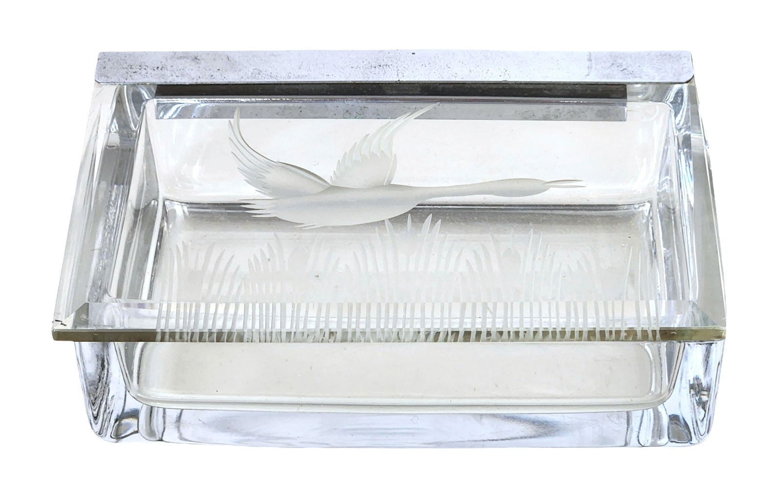 Vintage Etched Crystal Box with Flying Crane Motif and Grass Detail: This elegant vintage crystal box features beautifully etched artwork depicting a graceful crane in flight above tall grass. Crafted from clear, heavy glass, the box showcases crisp lines, smooth facet