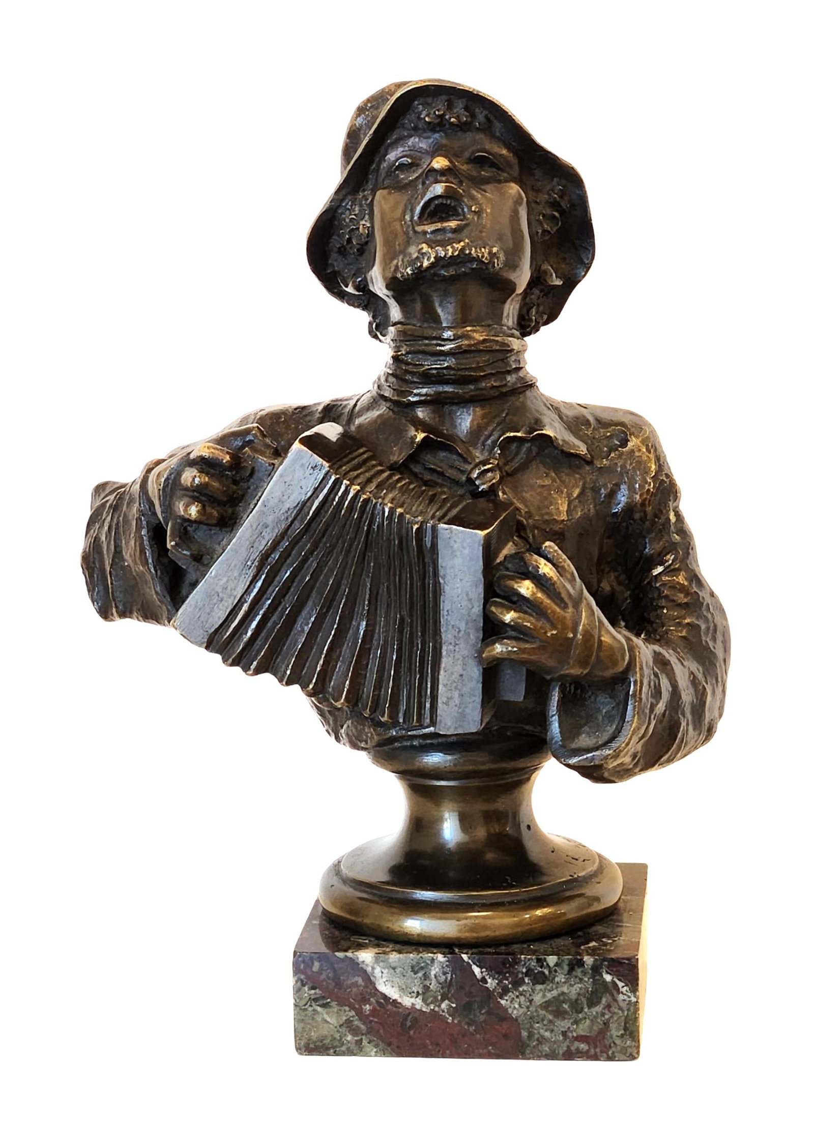 Antique Bronze Bust Musician Accordion in Marble Vase: Antique Bronze Bust Musician Accordion in Marble Vase Measure 10"in H x 7"in W x 3 1/2"in D