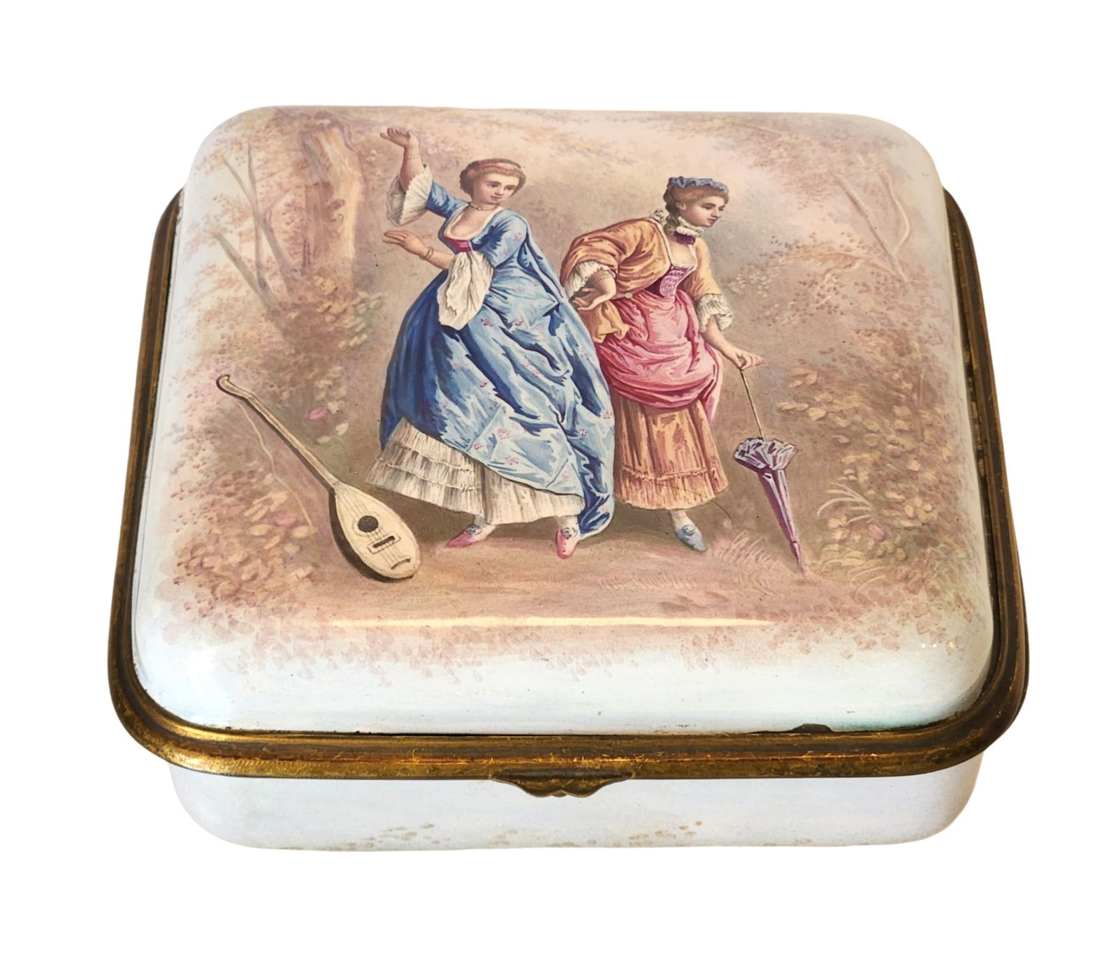 Antique French Enamel on Copper Box with Hand-Painted Romantic Scene, 19th Century: Charming 19th-century French enamel on copper box, finely hand-painted with a romantic scene of two elegantly dressed ladies in a pastoral setting, one holding a parasol and the other standing beside