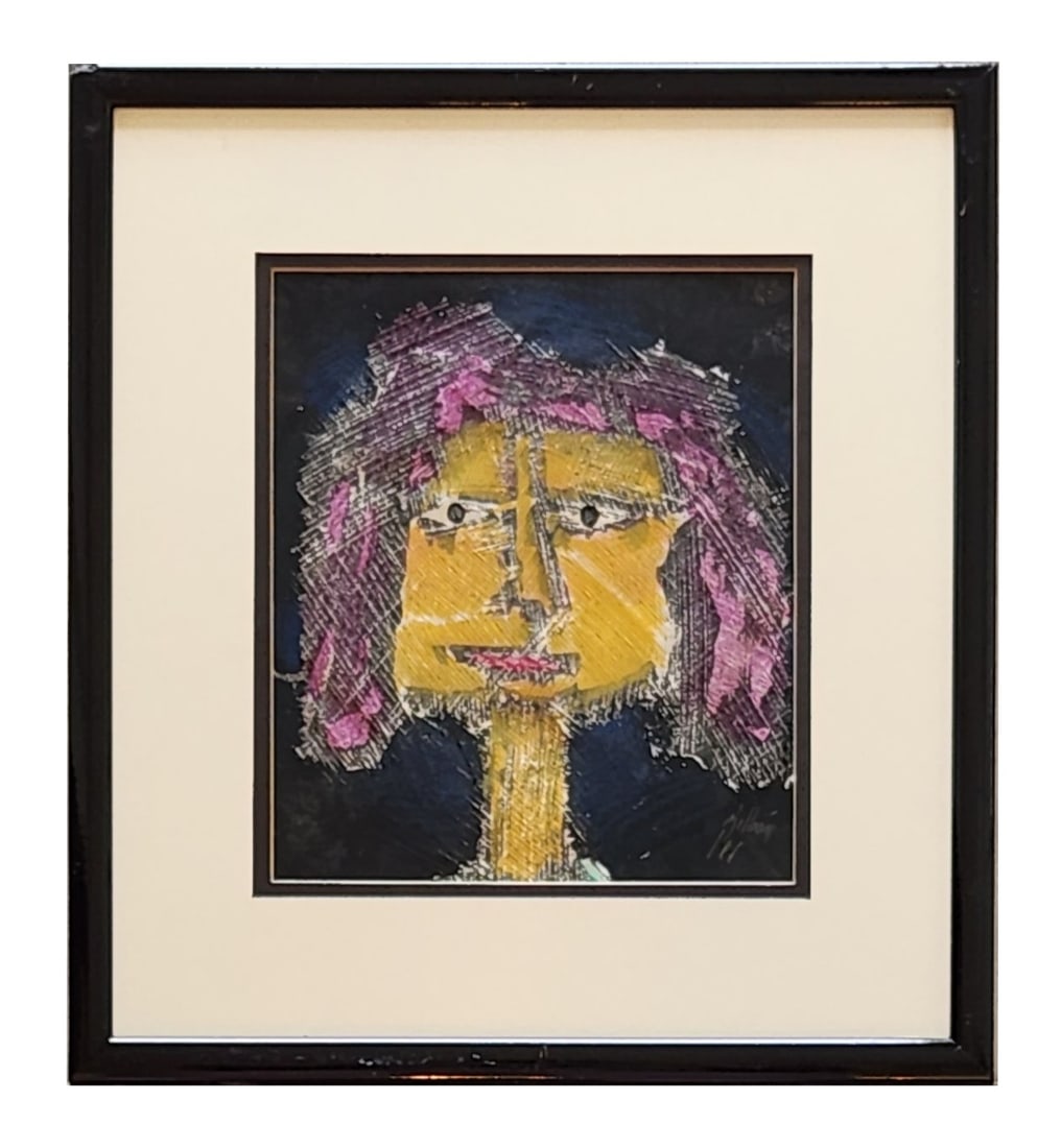 Abstract Expressionist Portrait, Mixed Media, Signed and Dated 1984: An arresting and dynamic abstract portrait, this artwork showcases a bold interplay of color, texture, and emotion. The figure’s vibrant yellow face and intense pink hair are set against a deep, sha