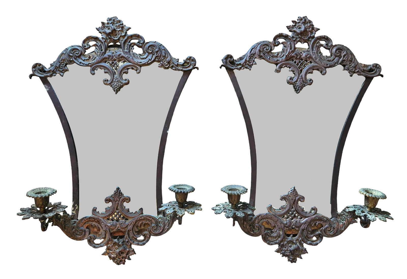 Antique Rococo Style Wall Mirrors with Candle Sconces – Pair, Cast Metal Frames (1 of 6)