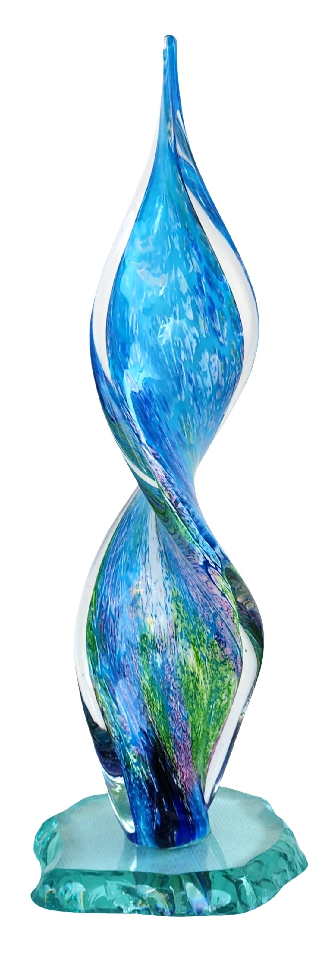 Murano Art Glass Twisted Sculpture on Aqua Base: Murano art glass sculpture featuring a vertically twisted, flame-form silhouette. Hand-blown in layered tones of cobalt blue, aqua, green, and subtle violet with clear encasing, exhibiting strong inte