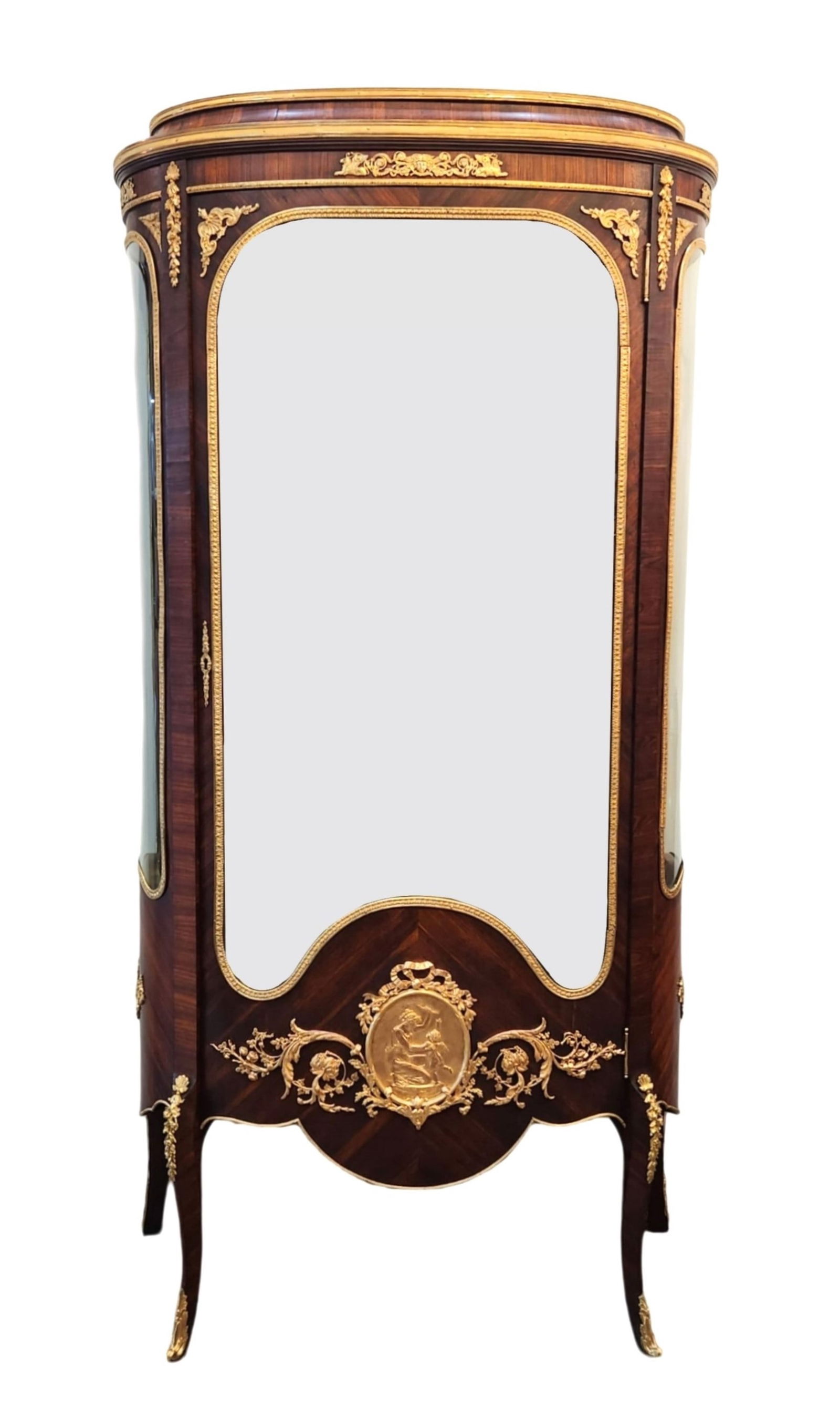 Forest Paris Louis XVI Style Marquetry Vitrine with Fine Ormolu Mounts: Elegant 19th-century French Louis XVI style vitrine cabinet, signed Forest, Paris, known for its refined craftsmanship and luxury materials. This exquisite piece features a chevron-patterned marquetry