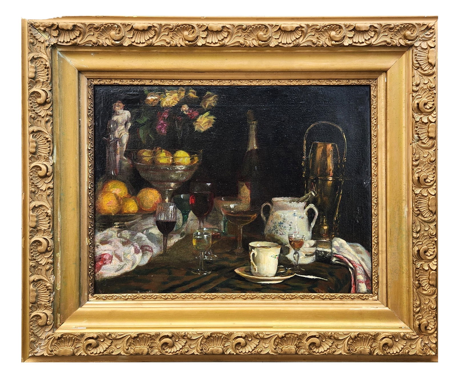 Morston Ream (1840 - 1898) American: Morston Ream (1840 - 1898) American Oil on Canvas Measure 19 1/2"in H x 26 1/4"in W and 38 1/2"in H x 31 1/2"in W x 3"in D Known for: Opulent still life-comestibles. Biography: Still life painter, Mor