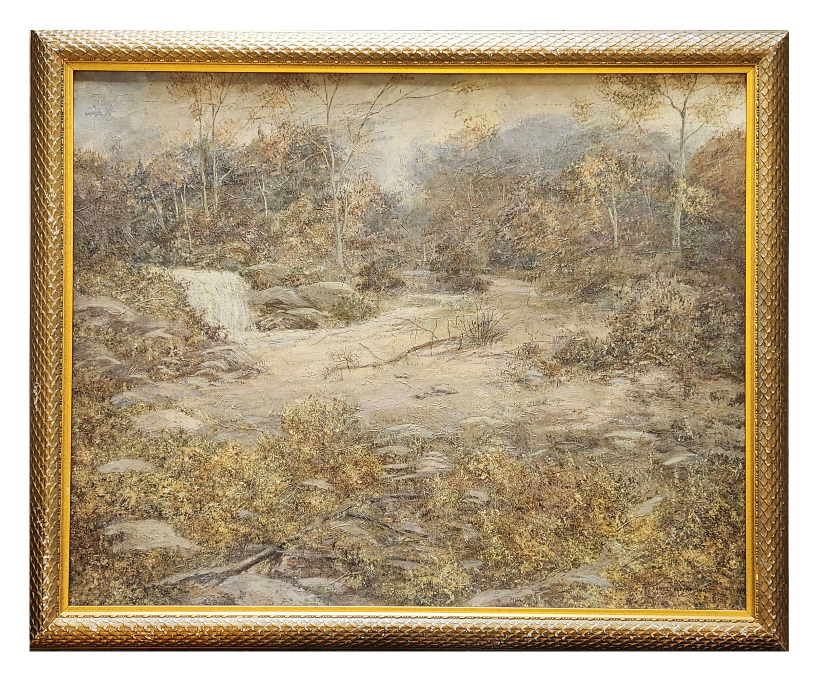 Ernest Albert Brown (1857 - 1946) American: Ernest Albert Brown (1857 - 1946) American Oil on CanvasBoard Measure 23 1/2"in H x 29 1/2"in W and 27 1/2"in H x 33 1/2"in W x 1 1/4"in D Known for: Theatre set design, landscape and still life paint