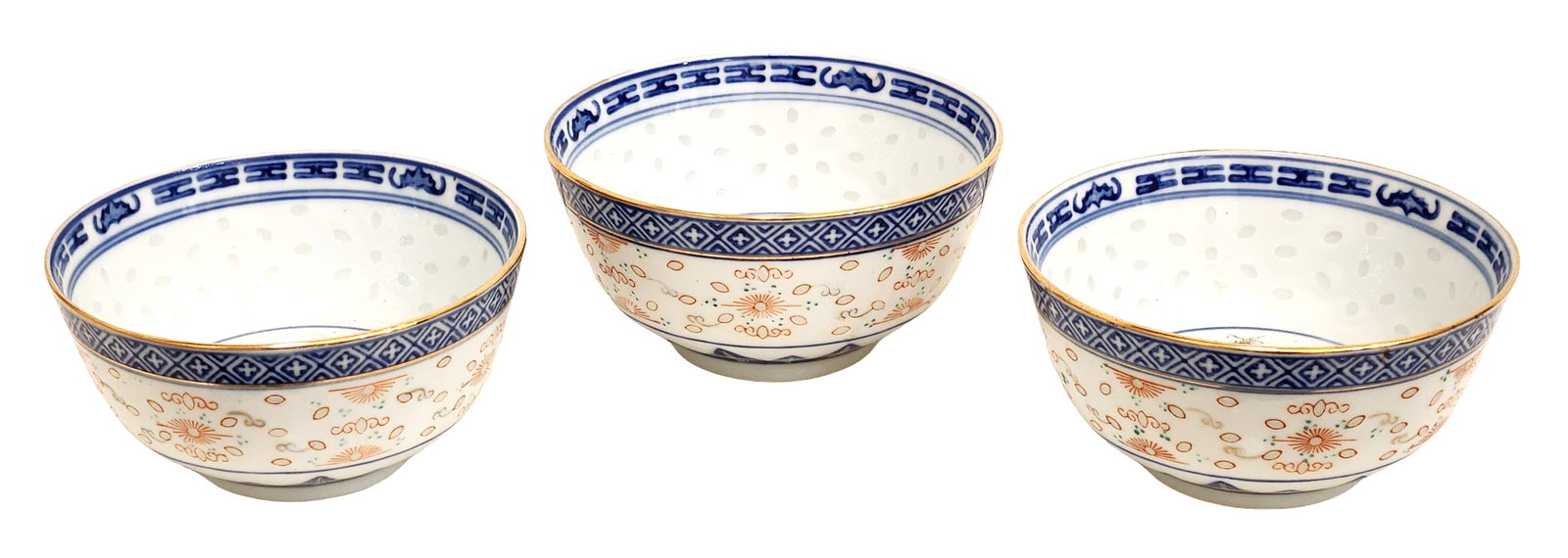 Set of Three Chinese Blue and White Porcelain Rice Grain Bowls (1 of 4)