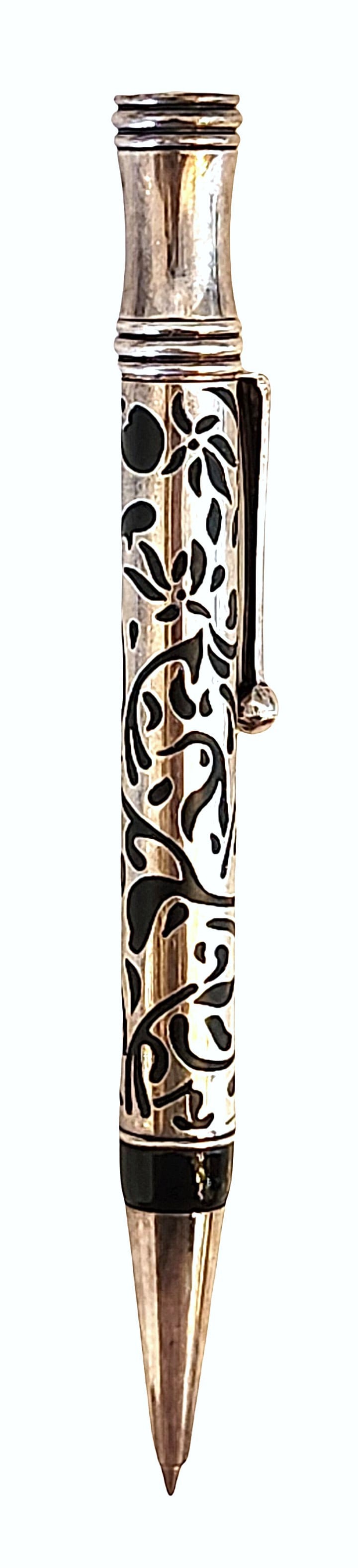 Art Deco Sterling Silver Overlay Mechanical Pencil with Black Enamel Floral Design: Elegant Art Deco mechanical pencil featuring a beautifully detailed sterling silver overlay with black enamel floral and vine motifs. The openwork silver design contrasts strikingly against the dark b