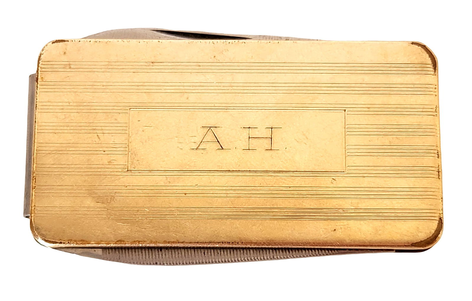 Vintage Imperial Stainless USA Money Clip Pocket Knife with Gold-Tone Case, Simmons Hardware: Vintage Imperial Stainless USA combination money clip and pocket knife featuring a gold-tone rectangular case with engraved monogram “A.H.” on the front panel. The compact gentleman’s access