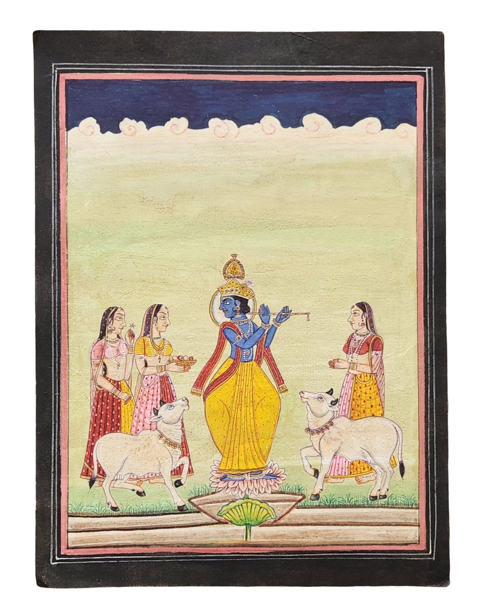 Antique Indian Miniature Painting – Krishna with Gopis and Cows, Gouache on Paper: Graceful antique Indian miniature painting featuring Lord Krishna standing atop a lotus pedestal, playing his divine flute, surrounded by gopis (cowherd maidens) and two sacred cows. Rendered in tradi