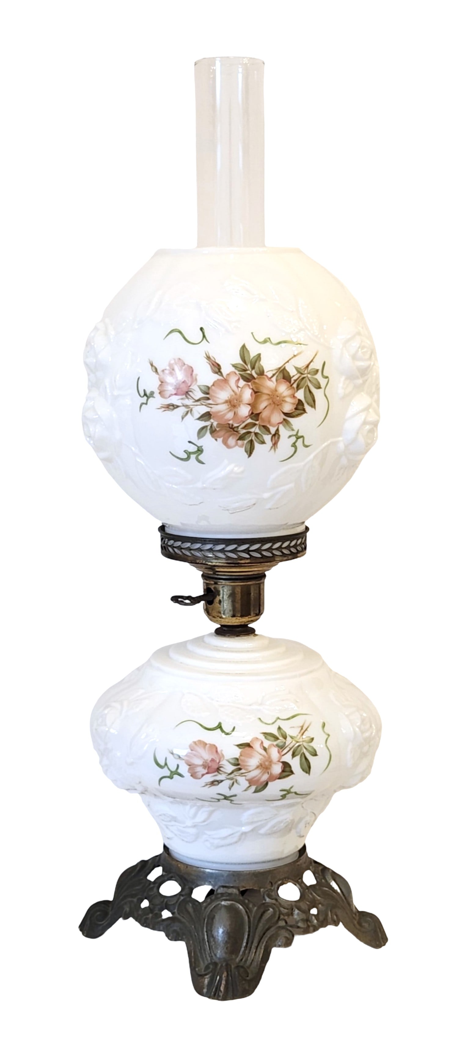 Antique Gone-with-the-Wind Style Oil Lamp with Floral Embossed Glass (1 of 3)
