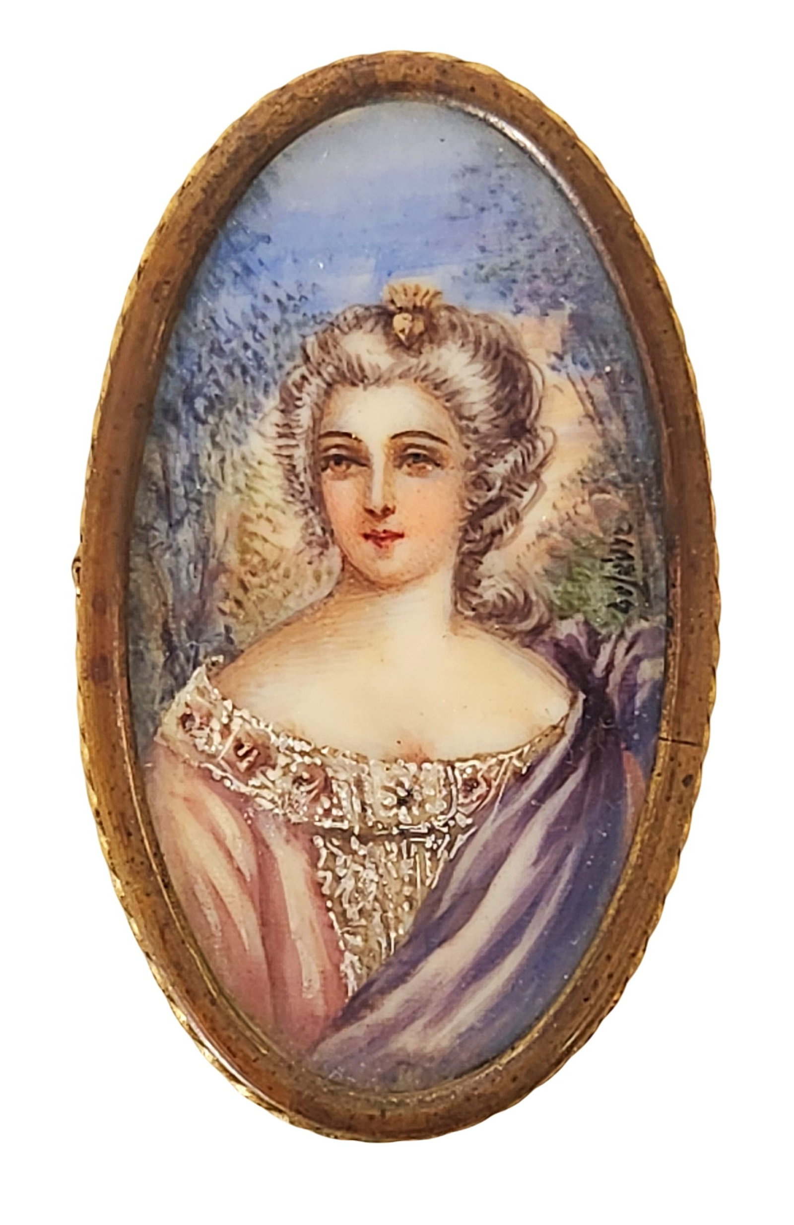 19th Century Miniature Portrait Brooch of Louise of France, Hand-Painted Enamel: A refined 19th-century oval portrait miniature brooch, featuring a finely hand-painted enamel of Louise of France, daughter of King Louis XV. The bust-length portrait is rendered with delicate detail,