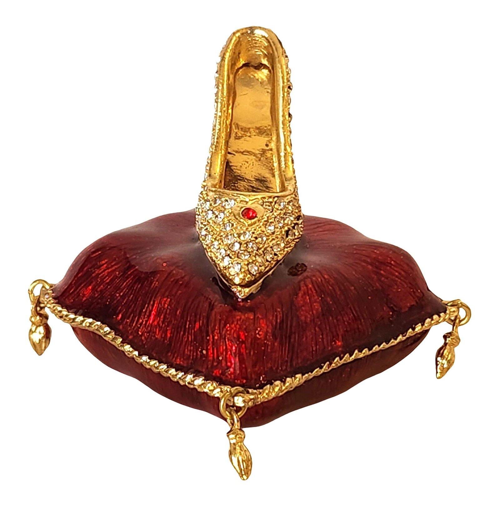 Decorative Jeweled High-Heel Shoe Trinket Box on Pillow Form: Decorative metal trinket box formed as a gold-tone high-heel shoe resting atop a red pillow-shaped base. The shoe is embellished with clear rhinestones and a single red accent stone at the vamp, while
