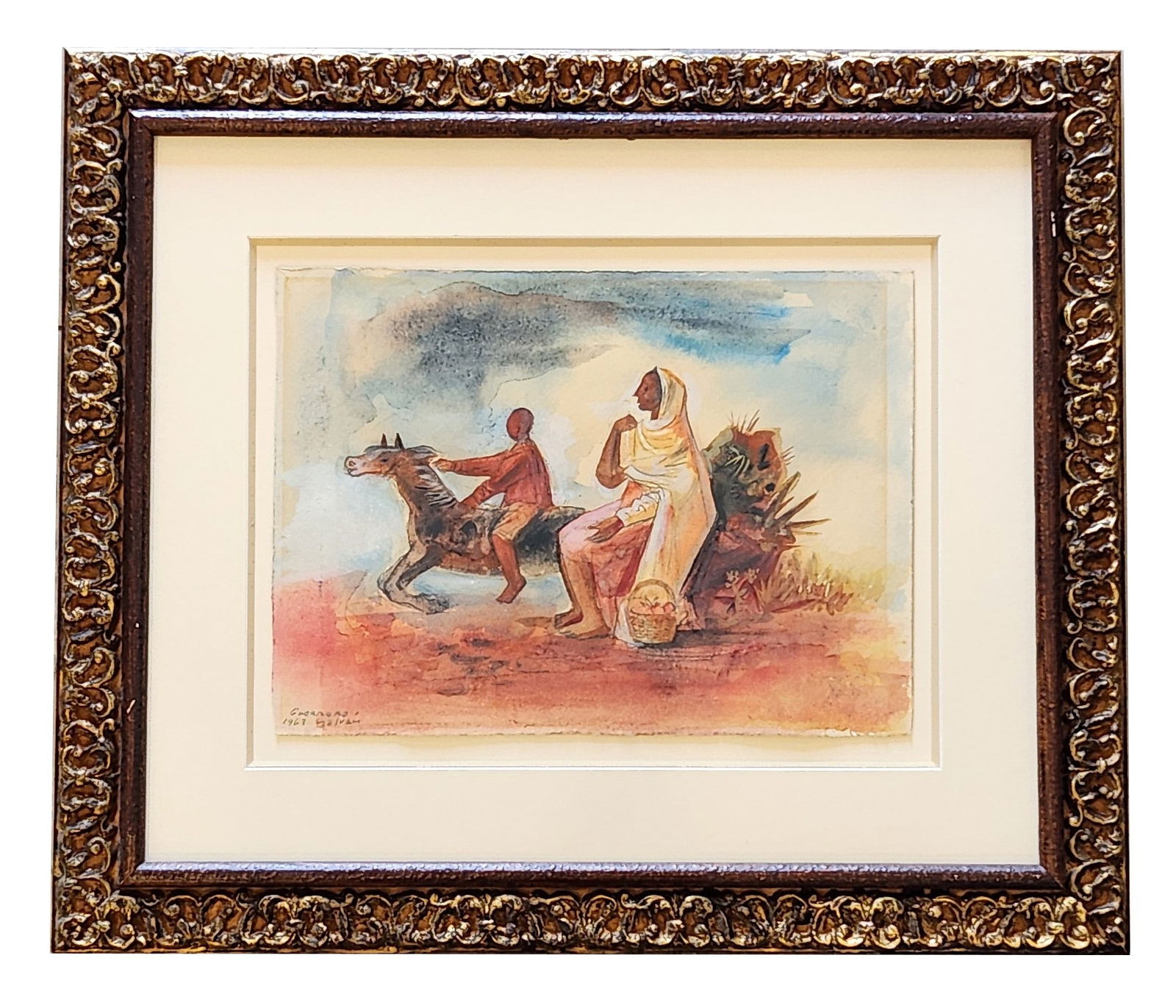 Jesus Guerrero Galvan (1910 - 1973) Mexico: Jesus Guerrero Galvan (1910 - 1973) Mexico Watercolor and Pencil on Paper Measure 8 3/4"in H x 12"in W and 17"in H x 20"in W framed Known for: Hispanic culture and figure easel and mural painting Biog