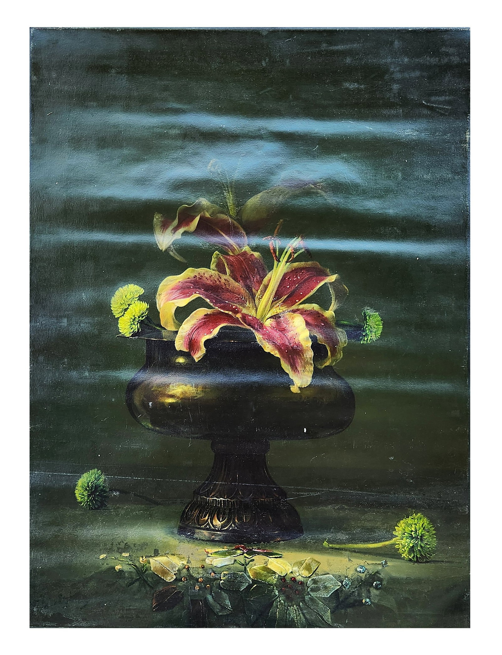 Still Life with Lily in Bronze Urn – Oil on Canvas, Mystery / Unknown Artist: Atmospheric still life oil painting on canvas depicting a dramatic floral arrangement centered around a large red and yellow lily resting in a classical bronze urn. The composition is set against a