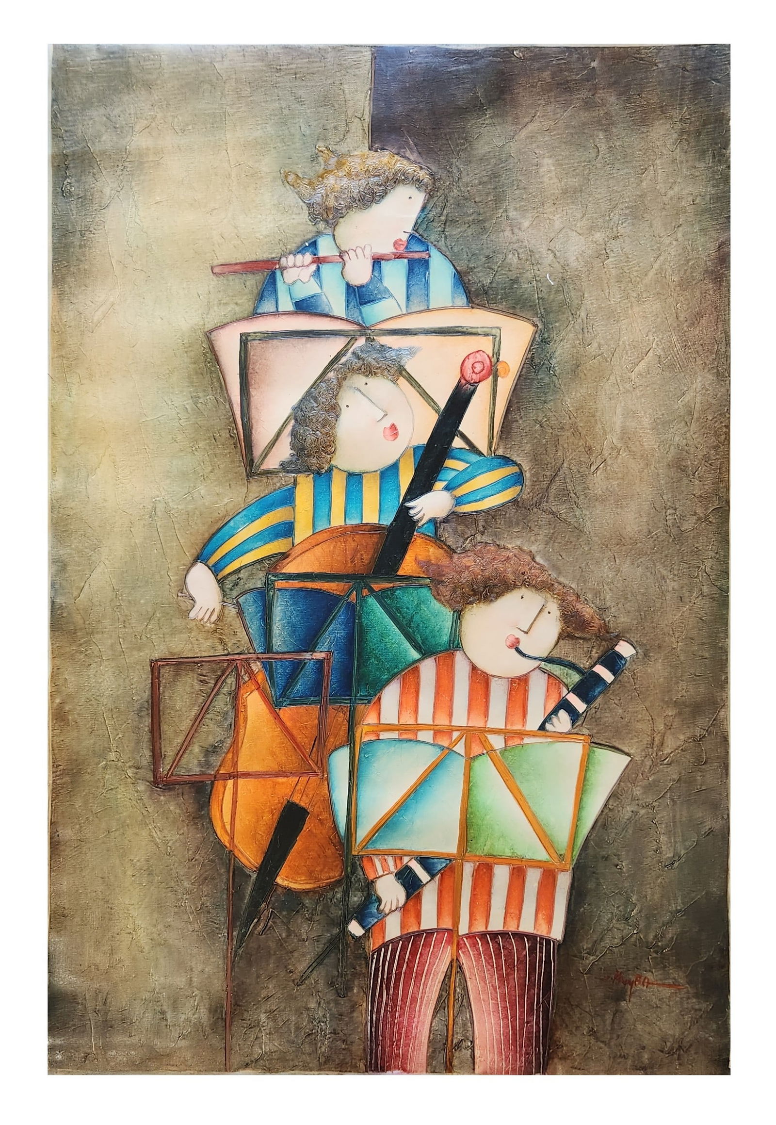 Joyce Roybal (Born 1955) American: Joyce Roybal (Born 1955) American Oil on Canvas Measure 37"in H x 24 1/2"in W and 39 1/2"in H x 27"in W full canvas Known for: Cartoonish, whimsical child genre painting, "puffy people" 