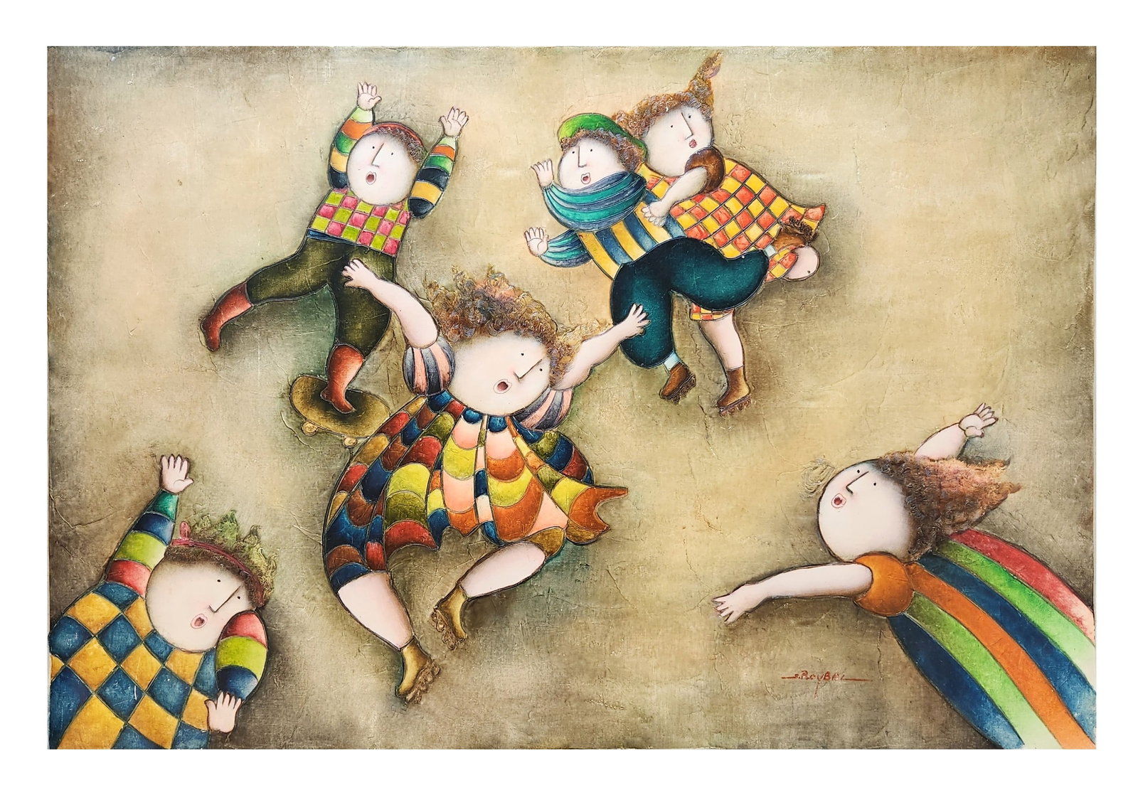 Joyce Roybal (Born 1955) American: Joyce Roybal (Born 1955) American Oil on Canvas Measure 25"in H x 36 1/2"in W and 27"in H x 39"in W full canvas Known for: Cartoonish, whimsical child genre painting, "puffy people" Biography: J Royba