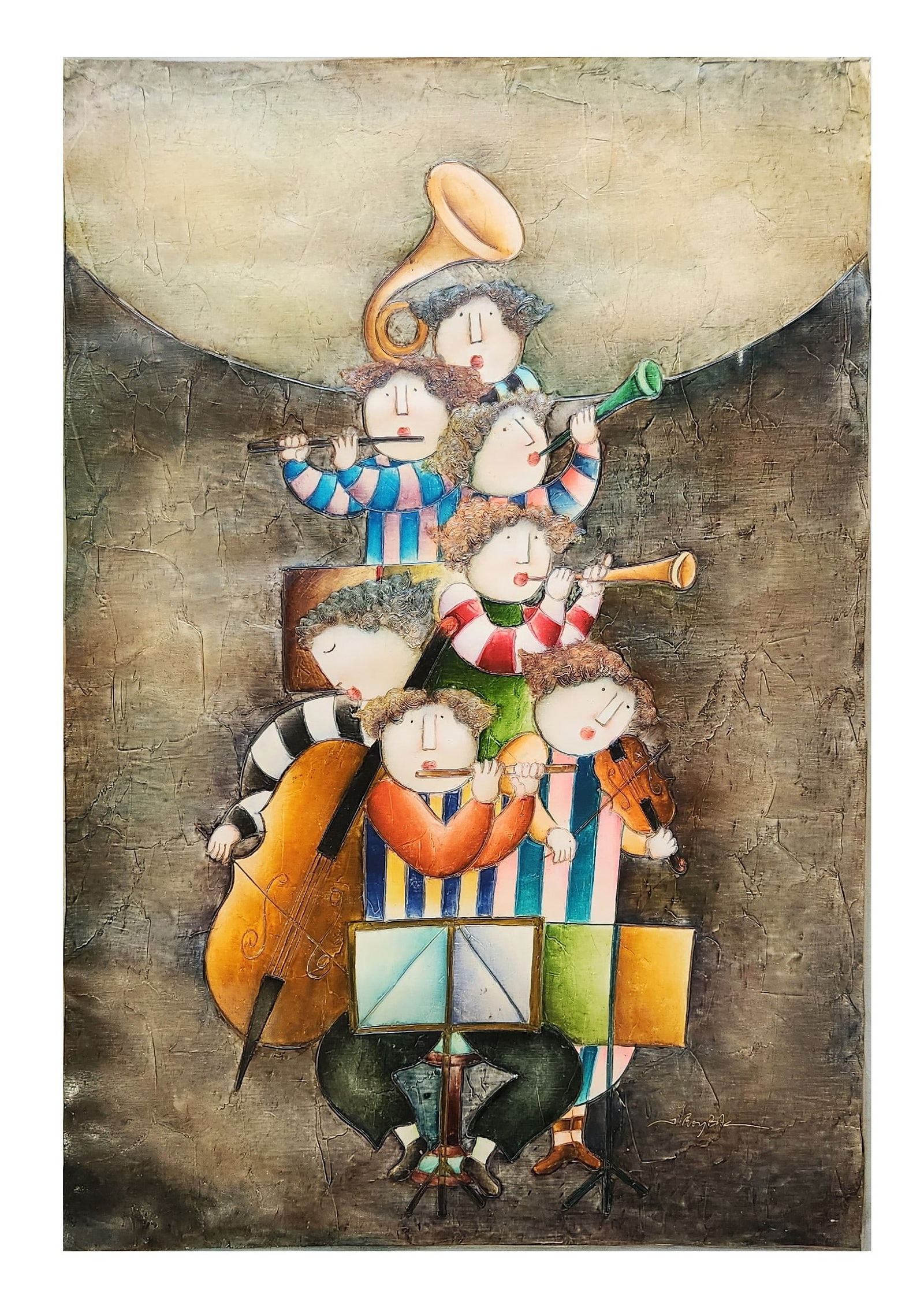 Joyce Roybal (Born 1955) American: Joyce Roybal (Born 1955) American Oil on Canvas Measure 37"in H x 25"in W and 39 1/4"in H x 27 1/4"in W not framed full canvas Known for: Cartoonish, whimsical child genre painting, "puffy people" Bio