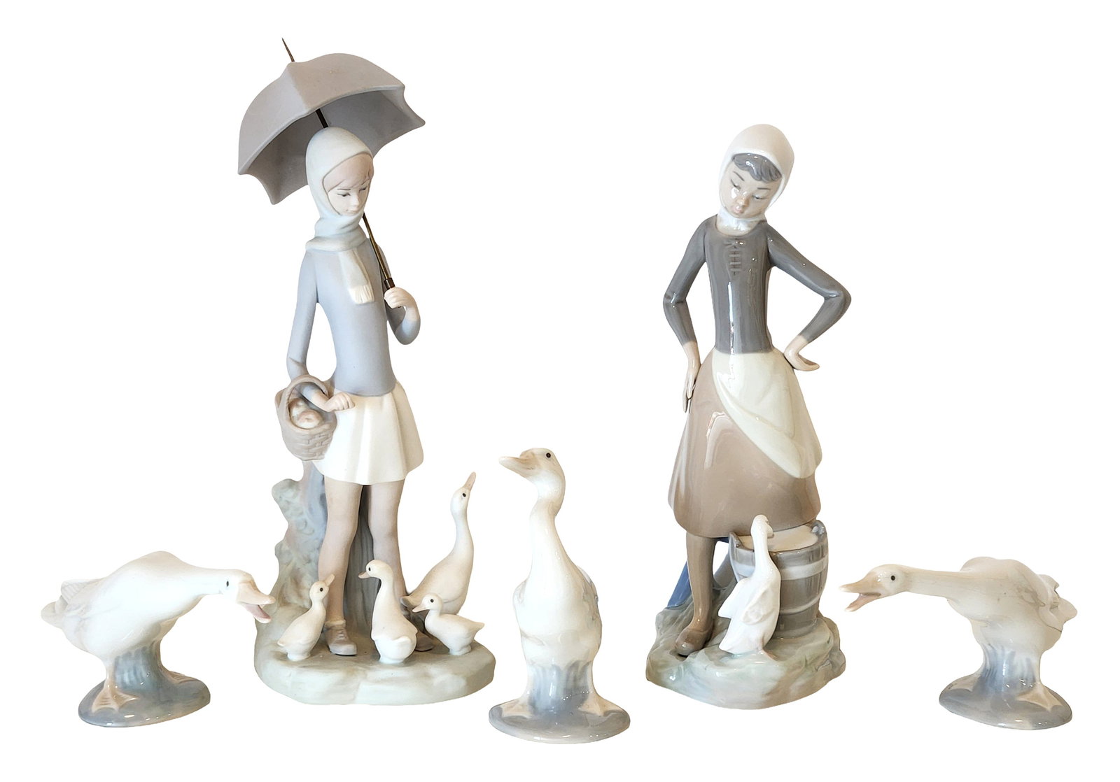 Lladró Porcelain Figurines of Girls with Ducks, Including Umbrella Figure & Ducks (5) (1 of 6)
