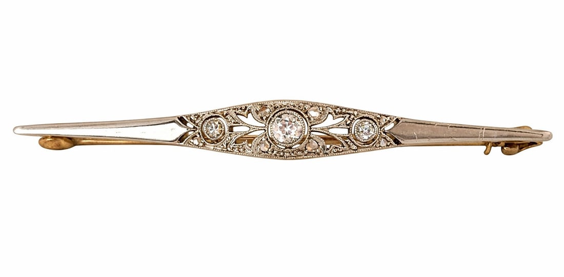 Antique 14k Gold & Diamond Filigree Bar Brooch Pin: Elegant antique 14k bar brooch featuring a refined filigree design set with three round diamonds across the center. The openwork detailing and milgrain accents highlight the delicate craftsmanship typ