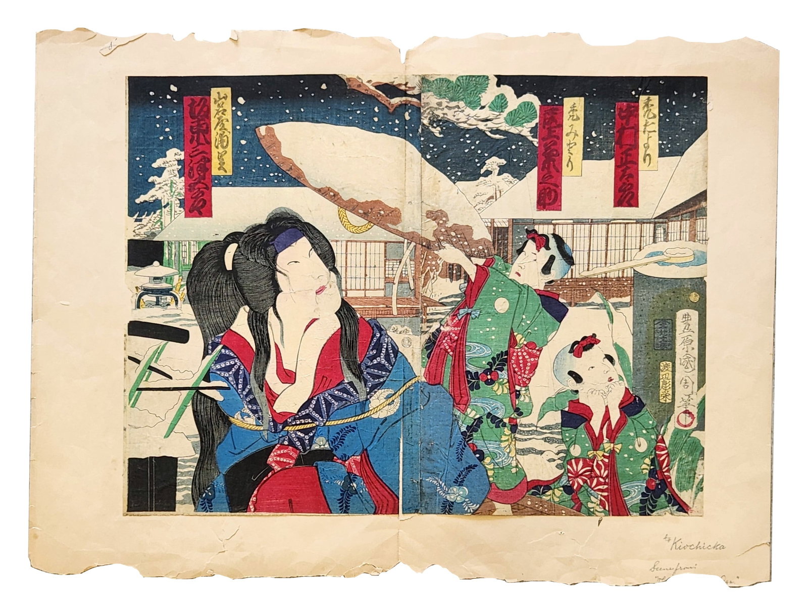 Japanese Ukiyo-e Woodblock Triptych – Winter Courtyard Scene with Figures – Edo Period (after (1 of 7)