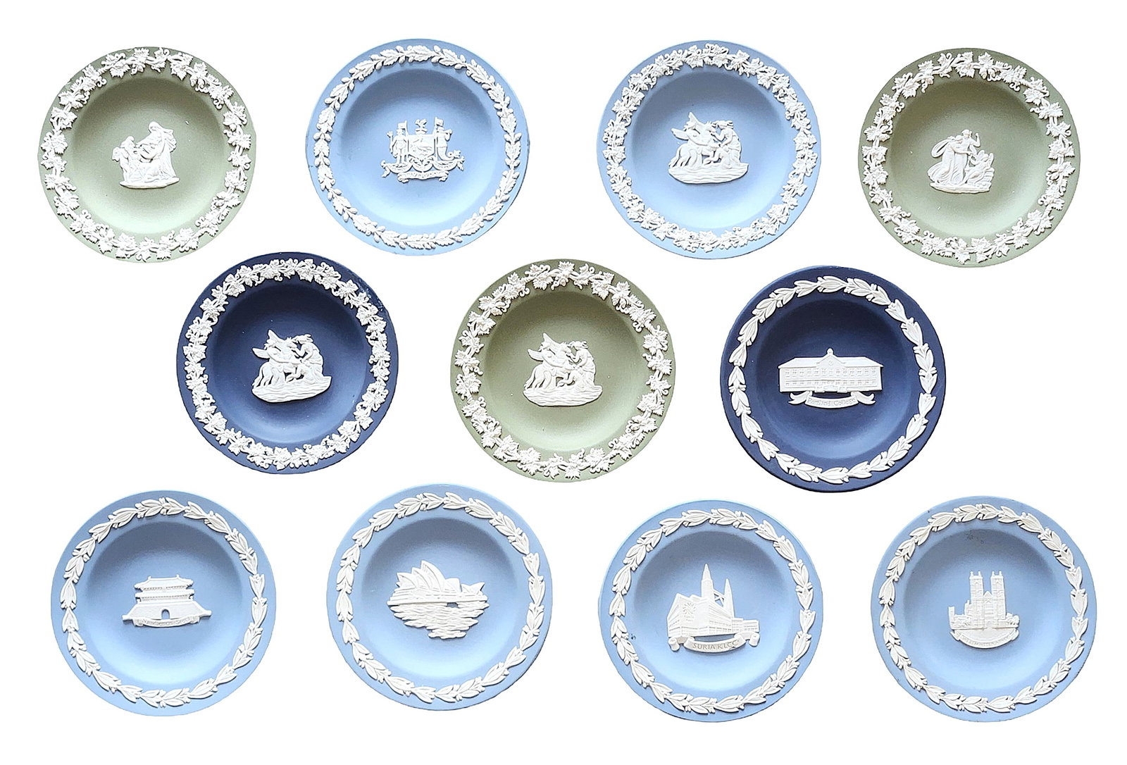 Collection of 11 Wedgwood Jasperware Plates, Blue & Green, Classical & Landmark Motifs (1 of 3)
