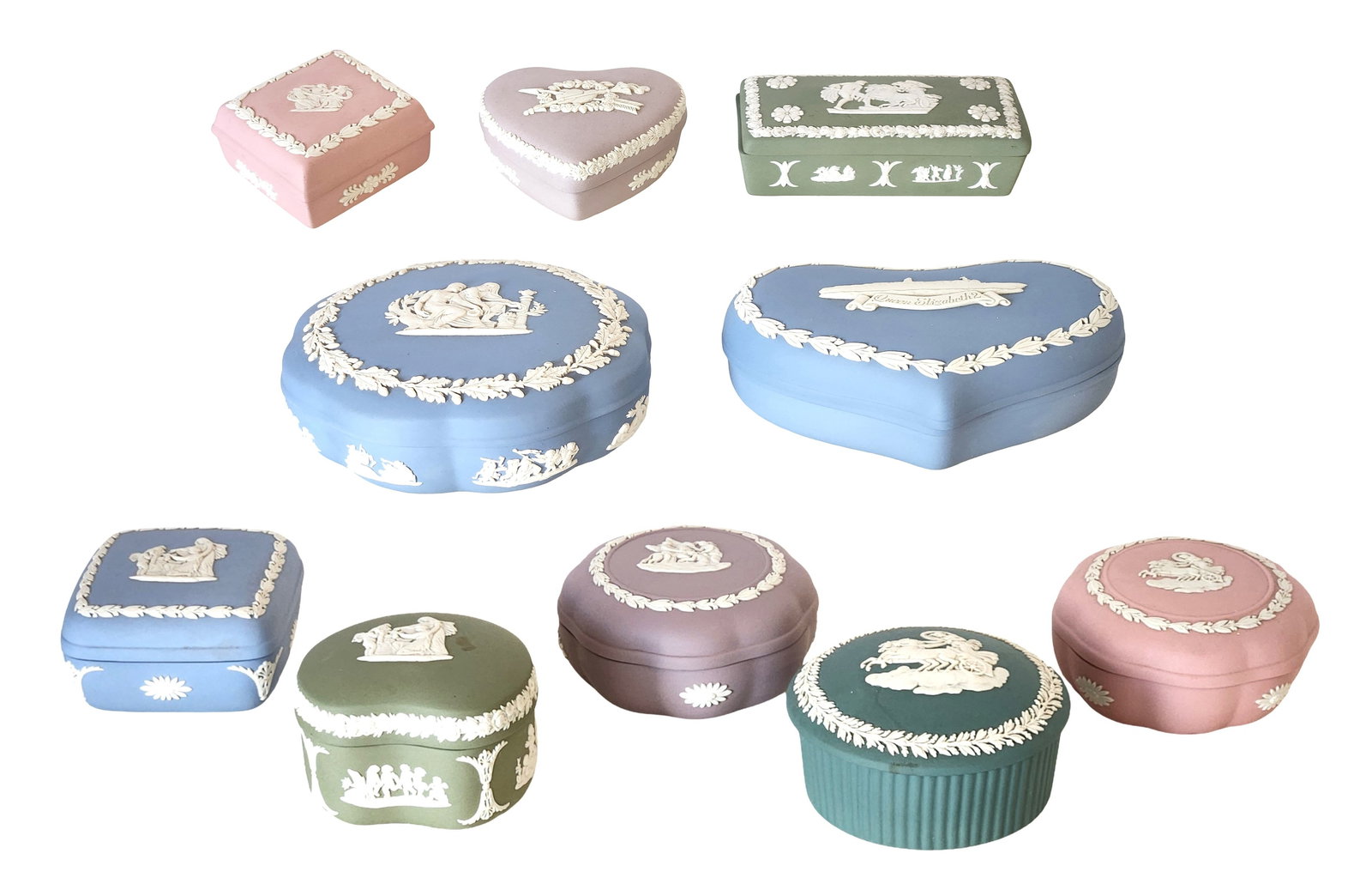 Group of Wedgwood Jasperware Trinket Boxes, Heart & Round Forms, Pastel Colors (1 of 5)