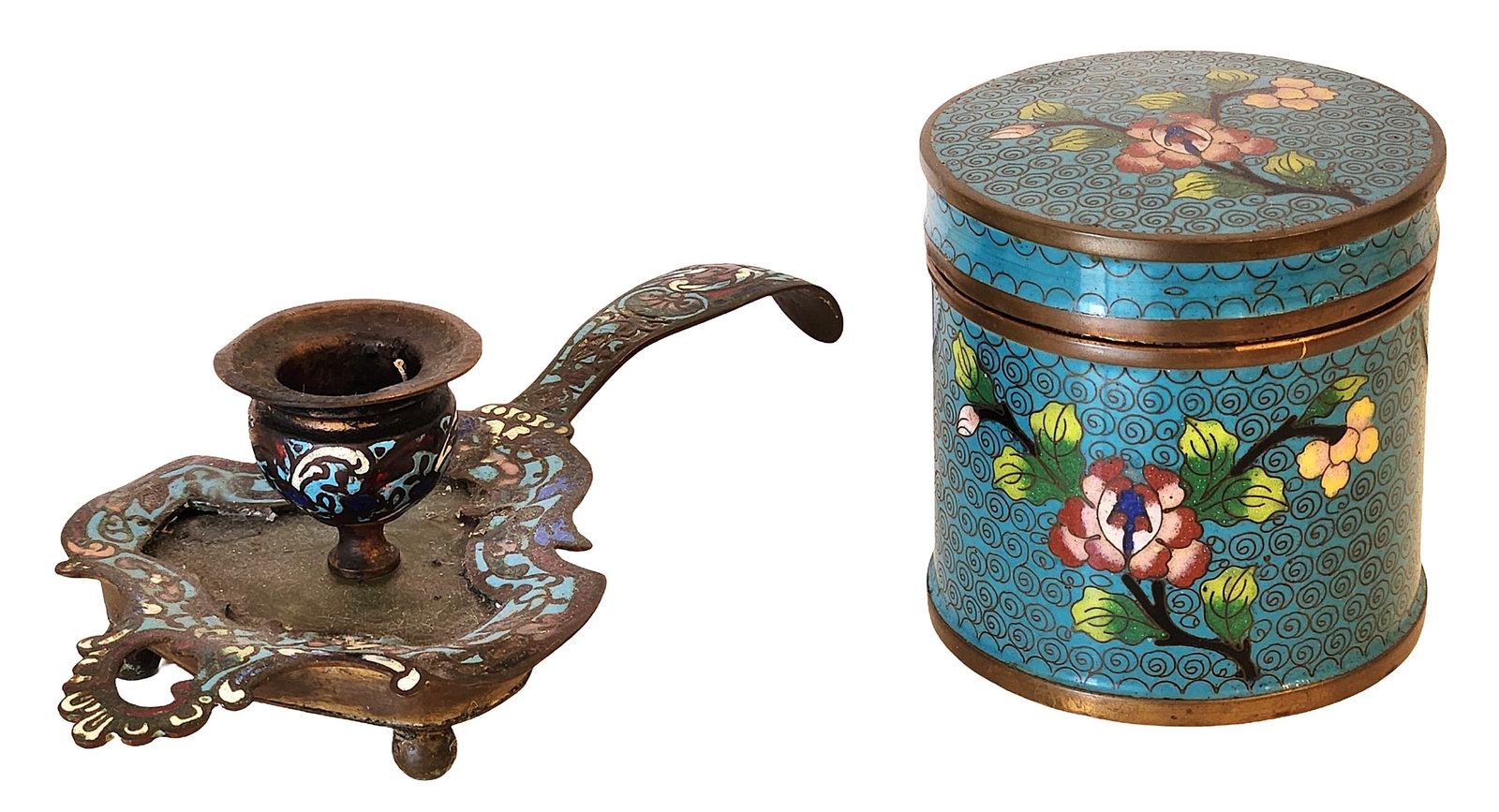 Antique Cloisonné Enamel Lidded Box and Chamberstick, Likely Chinese (1 of 5)