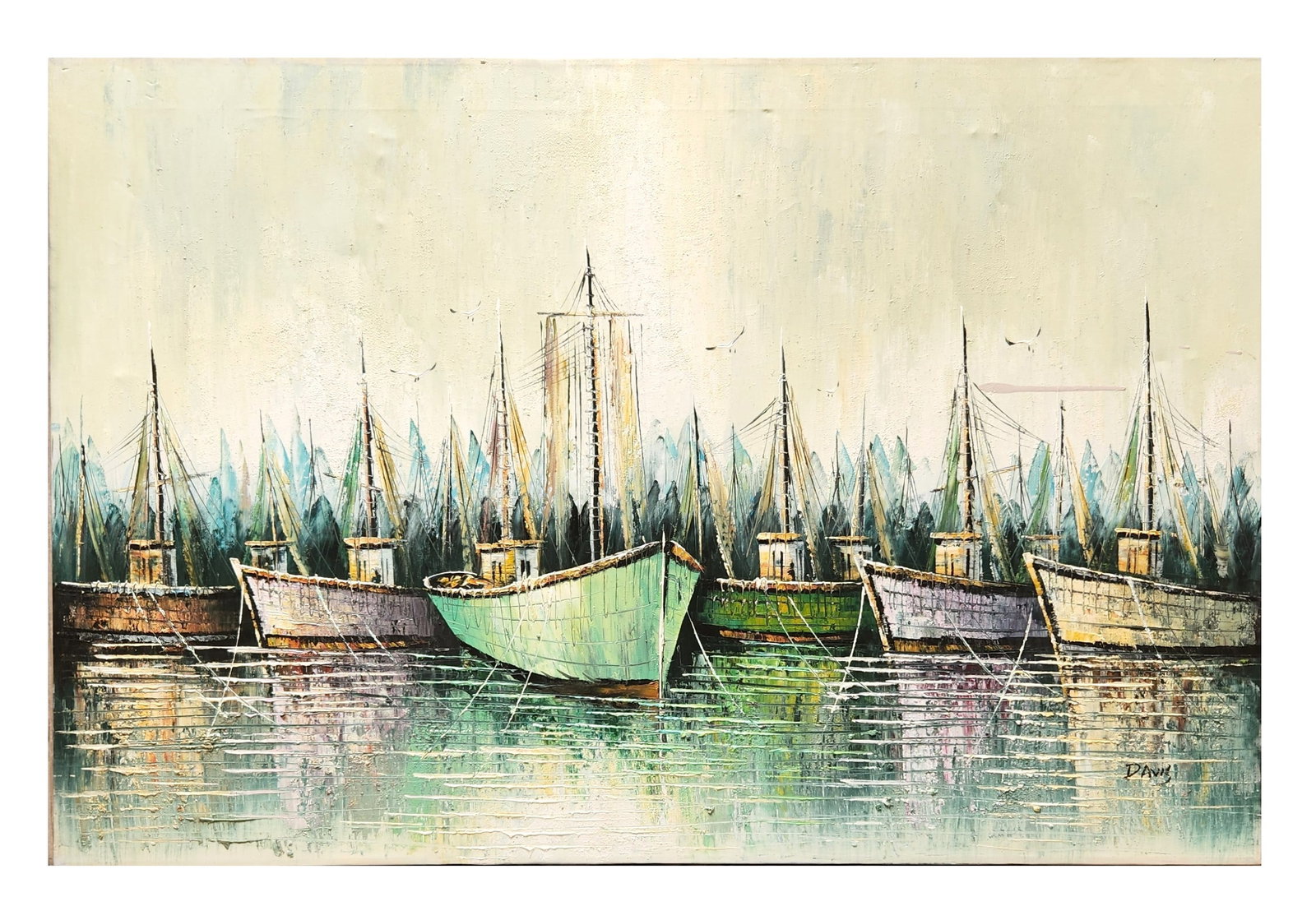 Mid-Century Harbor Scene Oil Painting, Signed Davis: Oil on canvas painting depicting a harbor scene with a row of docked fishing boats, signed “Davis” lower right. The composition features a modernist, textured style with palette knife applicat