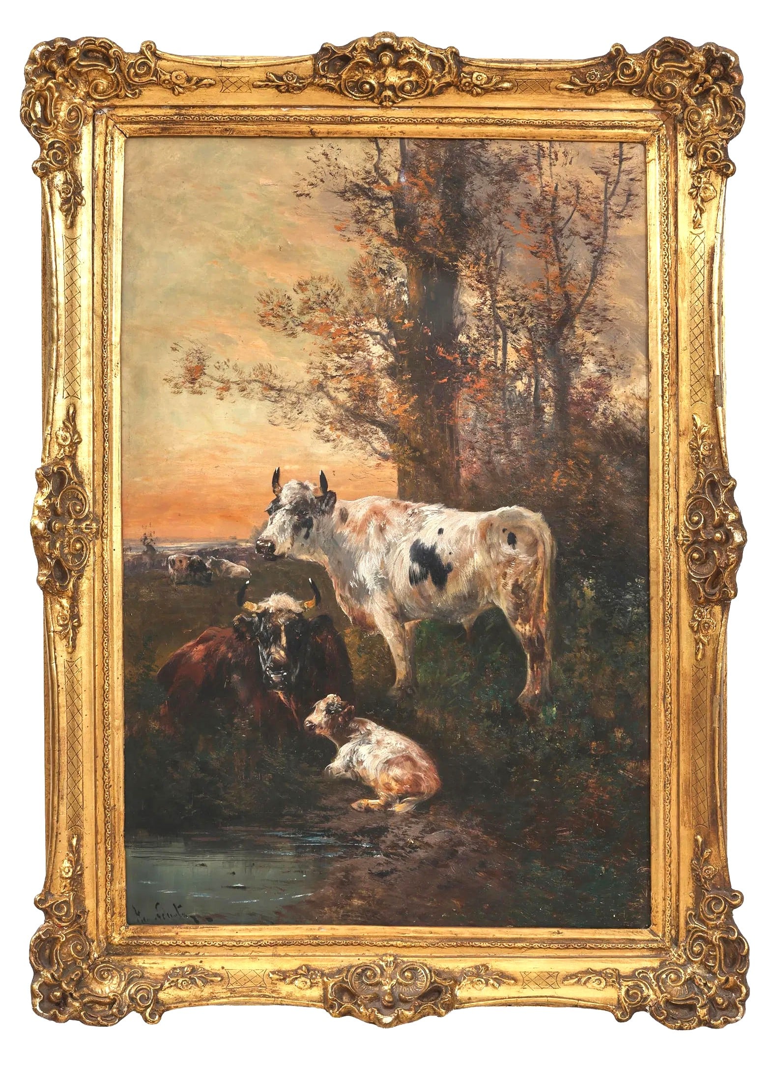 Henry Schouten (1859/1867 - 1927) Indonesian: Henry Schouten (1859/1867 - 1927) Indonesian Title: Cows Resting by the Pond Oil on Canvas Measure 34 1/2"in H x 23 5/8"in W and 41 1/2"in H x 30 1/4"in W x 3 1/4"in D with frame Known for: Animal, la