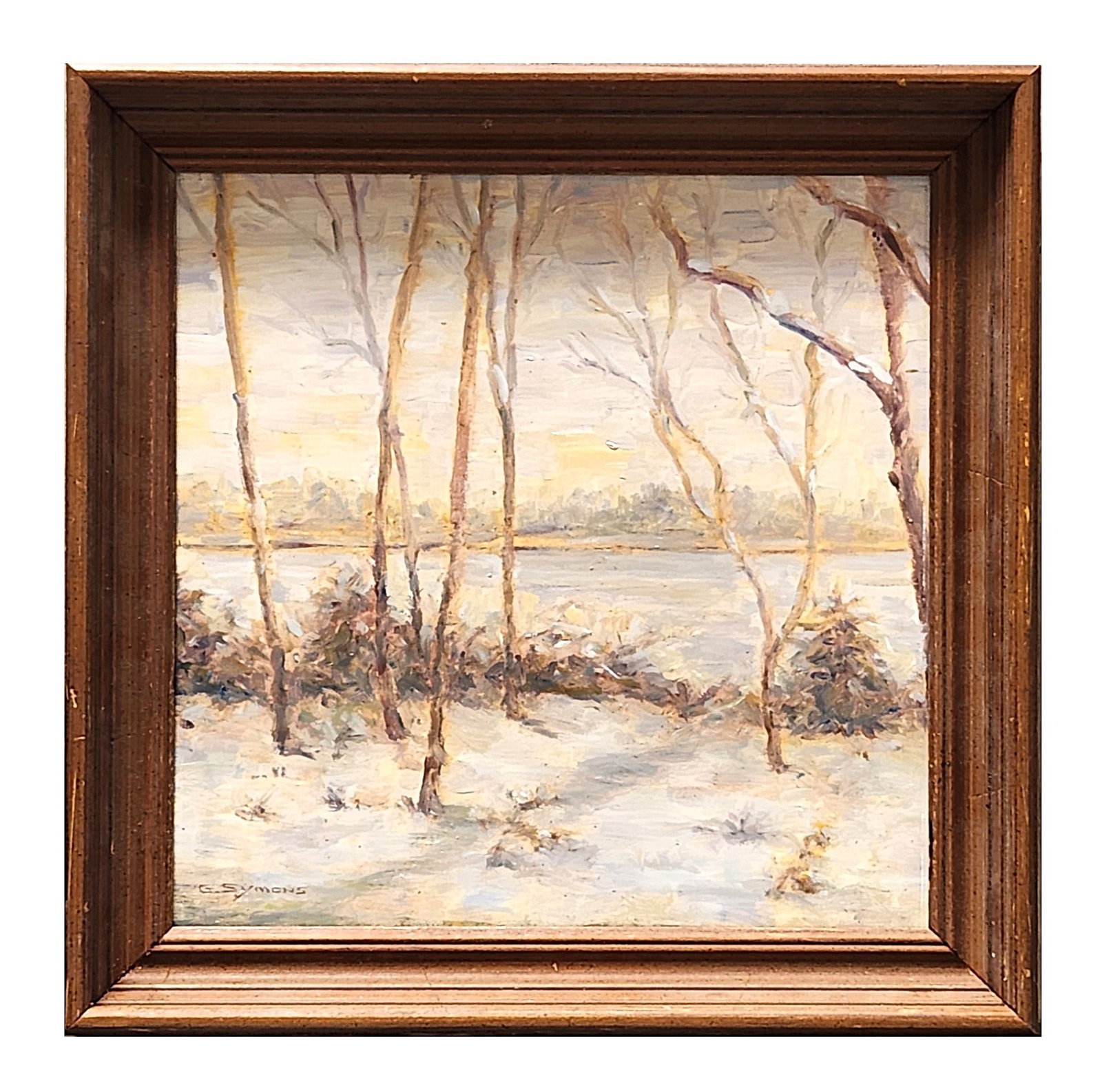 George Gardner Symons (1863 - 1930) American: George Gardner Symons (1863 - 1930) American Oil on Board Measure 11 1/2"in H x 11 1/2"in W and 14 1/2"in H x 14 1/2"in W x 1 3/4"in D with frame Known for: Landscape-water, snow and marine painting N