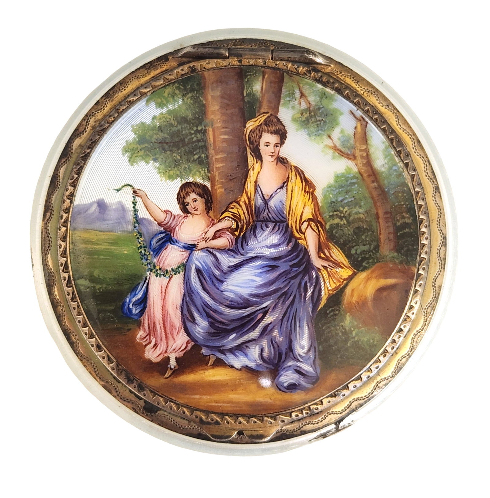 Antique French Enamel & Sterling Silver Compact Box – Hand-Painted Romantic Scene (1 of 6)