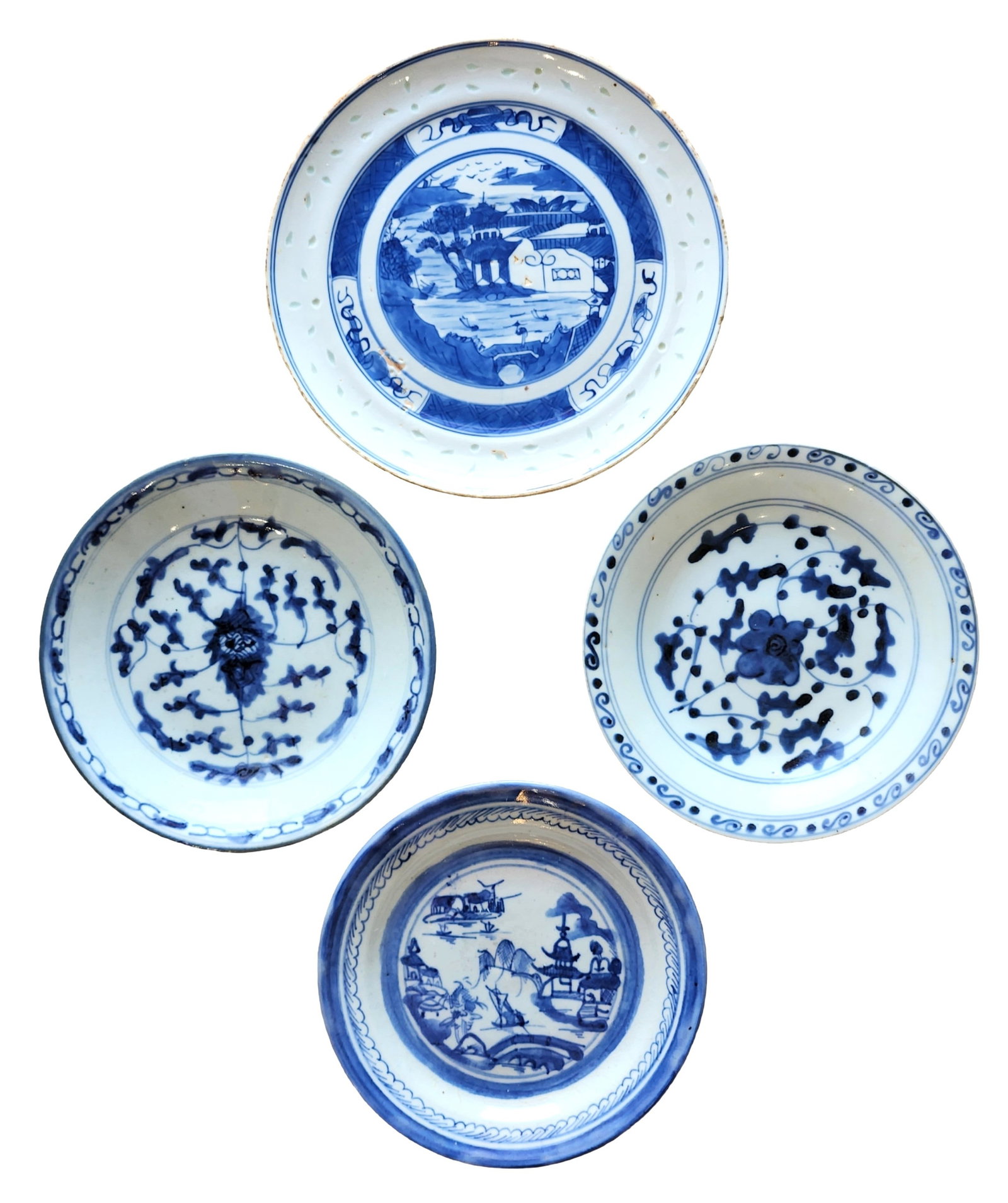 Group of Four Chinese Blue & White Porcelain Plates / Bowls (1 of 3)