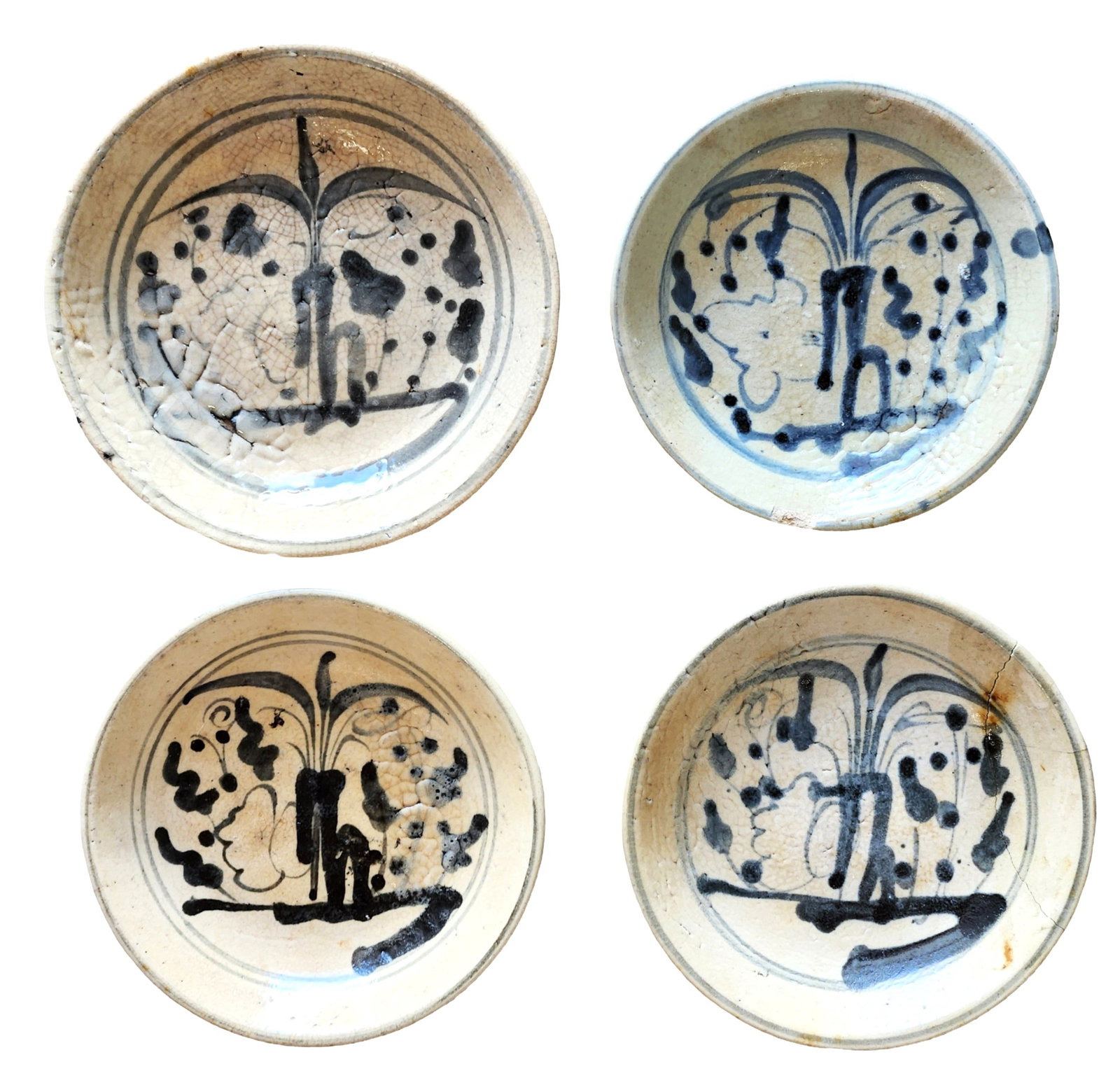 Group of Four Antique Blue & White Hand-Painted Pottery Bowls (1 of 4)