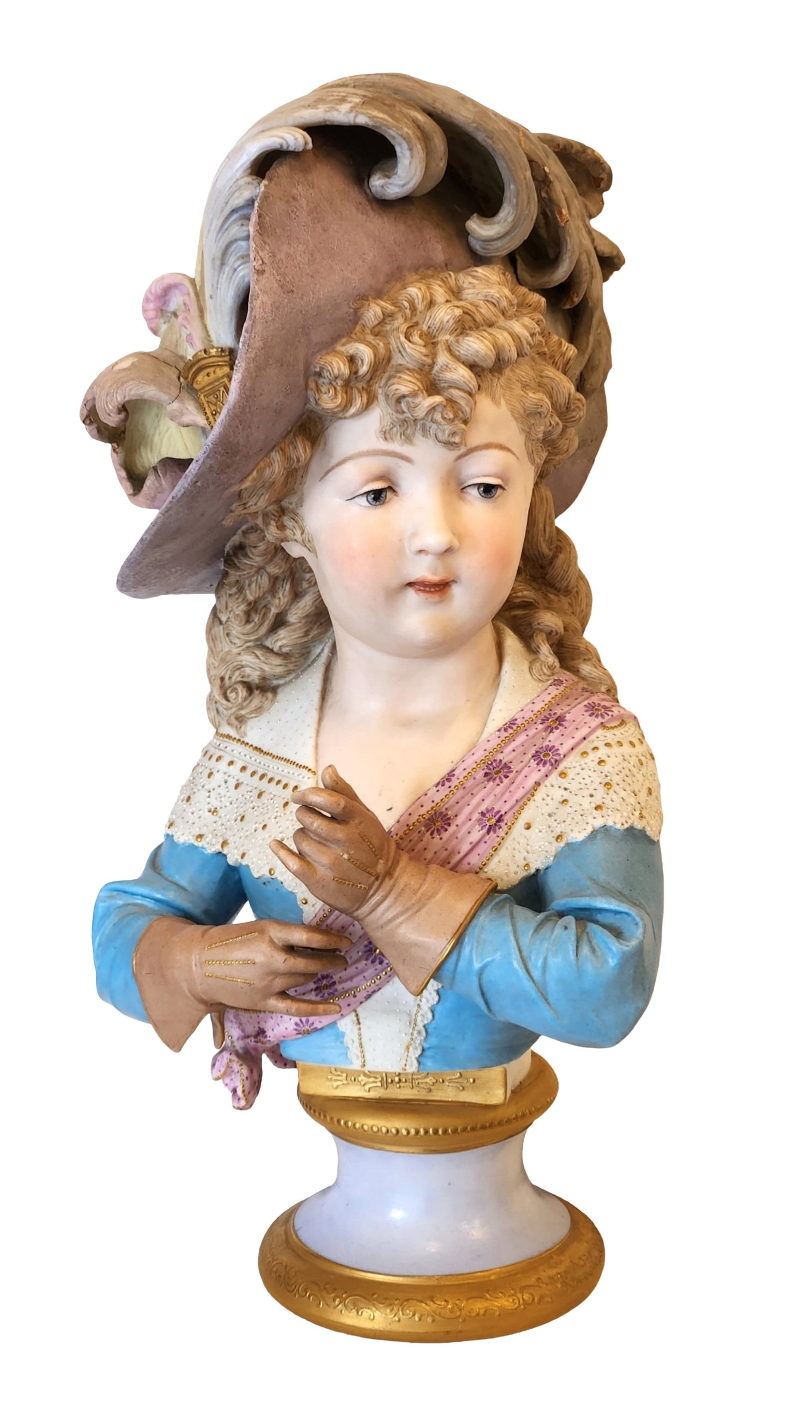 Large Antique Hand-Painted Porcelain Bust of a Young Lady with Feathered Hat, 19th Century: Magnificent antique hand-painted porcelain bust depicting a young lady adorned in a lavish feathered hat and lace-trimmed attire. The figure is beautifully detailed, showcasing delicate facial feature