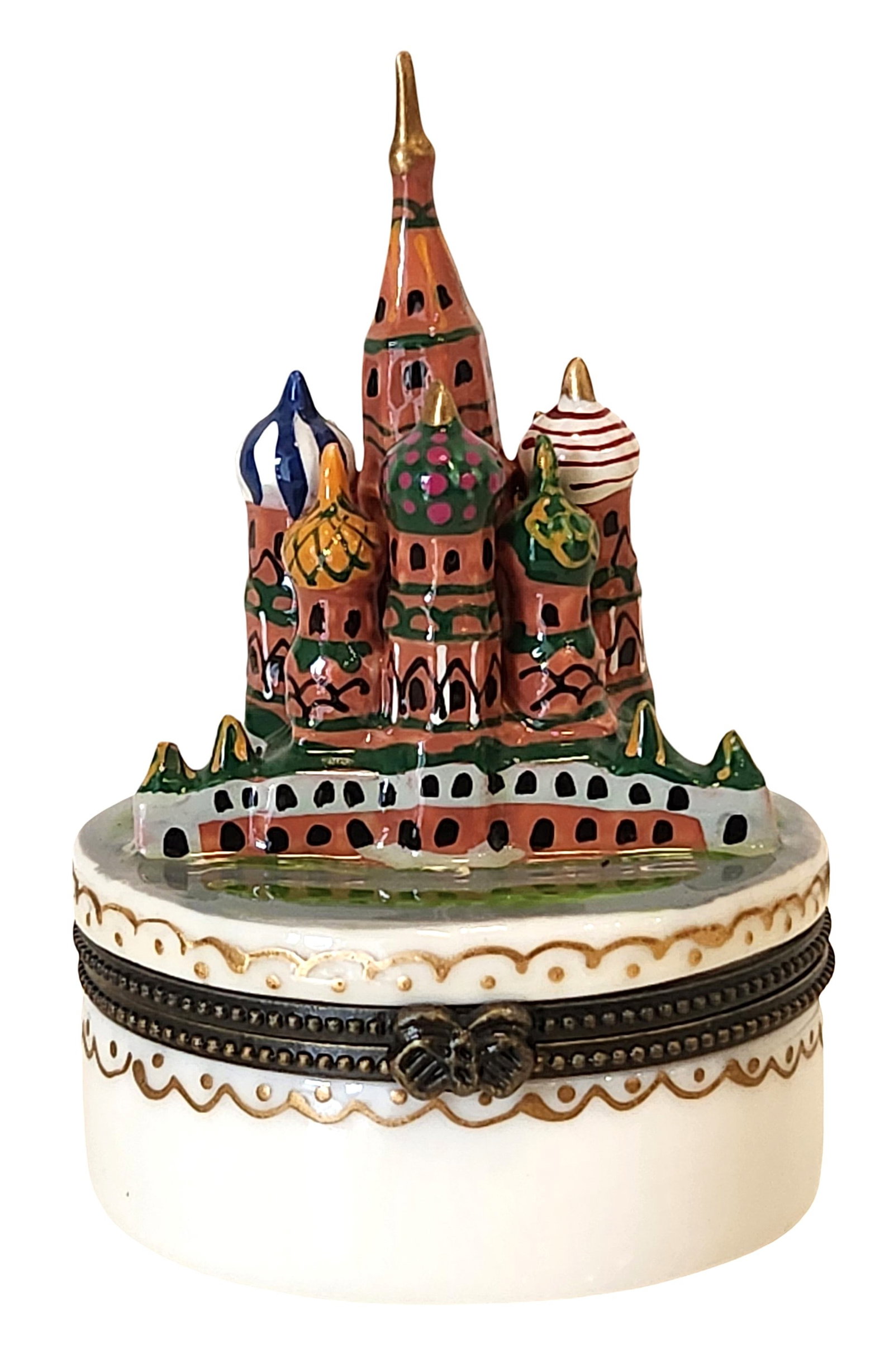 St. Basil’s Cathedral Style Porcelain Hinged Trinket Box: Decorative porcelain trinket box featuring a colorful sculptural lid modeled after St. Basil’s Cathedral in Moscow, Russia. The miniature architectural scene is hand-painted in vibrant colors, highl