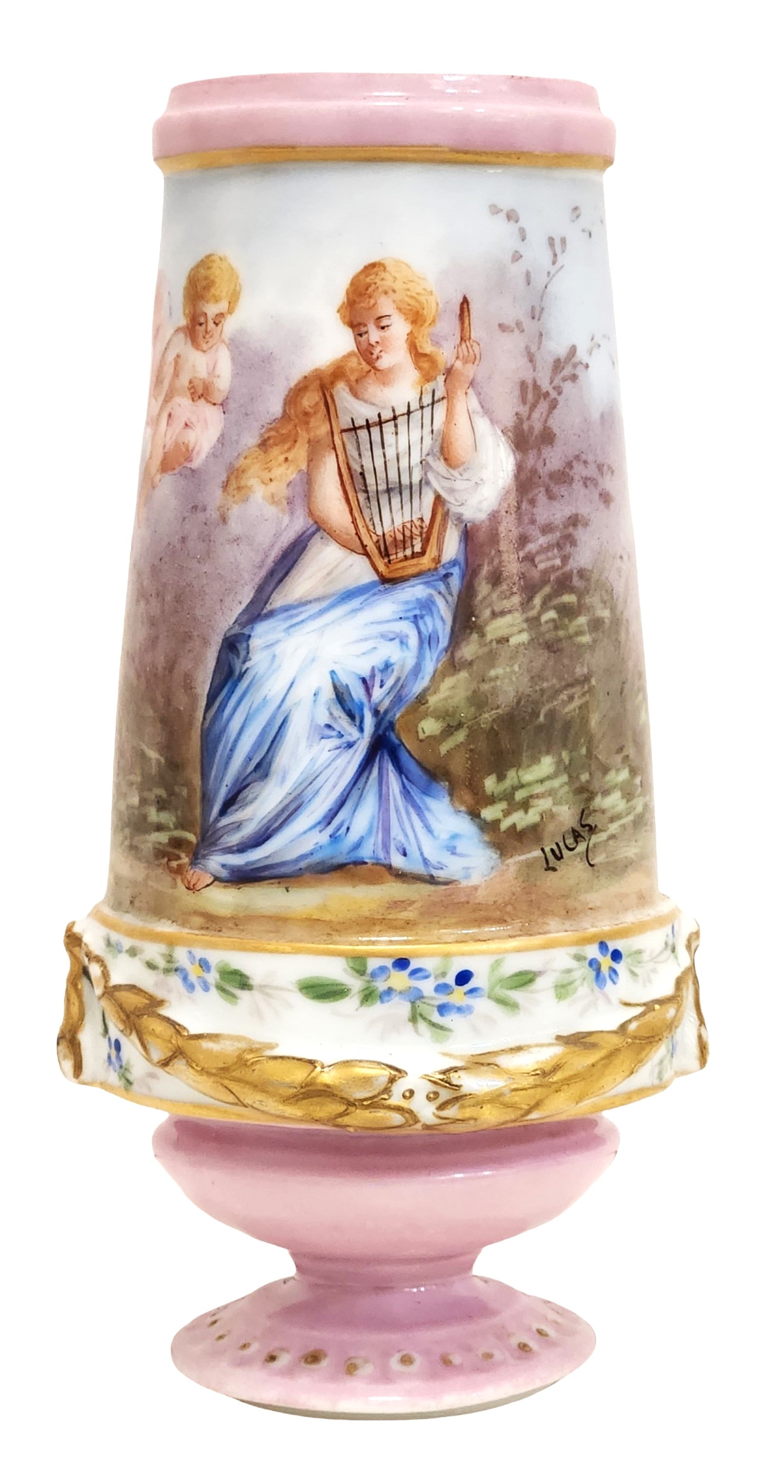 Hand-Painted Sevres Porcelain Scenic Vase Signed “Lucas: Beautiful French Sevres porcelain vase featuring a finely hand-painted romantic scene of a young woman playing a lyre accompanied by a cherub. The delicate pastoral composition is rendered in soft ton