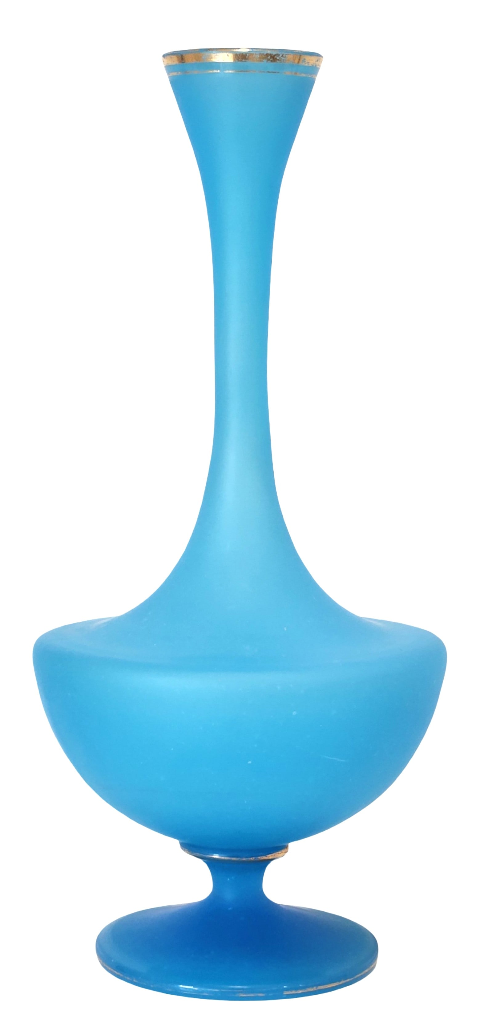 Vintage Blue Satin Glass Bud Vase with Gold Rim: Elegant vintage satin glass bud vase featuring a tall, graceful silhouette with a long narrow neck and rounded body. The vase is finished in a soft matte blue satin glass, giving it a smooth, velvety 