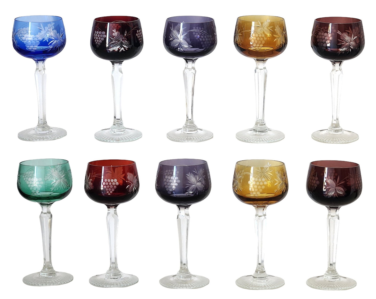 Set of Ten Hand-Cut Colored Crystal Wine Glasses with Grape Motif, Late 20th Century: A decorative set of ten hand-cut crystal wine glasses, each featuring a rounded bowl engraved with grape clusters and vine leaves. The bowls are executed in an assortment of rich jewel-toned colors, i