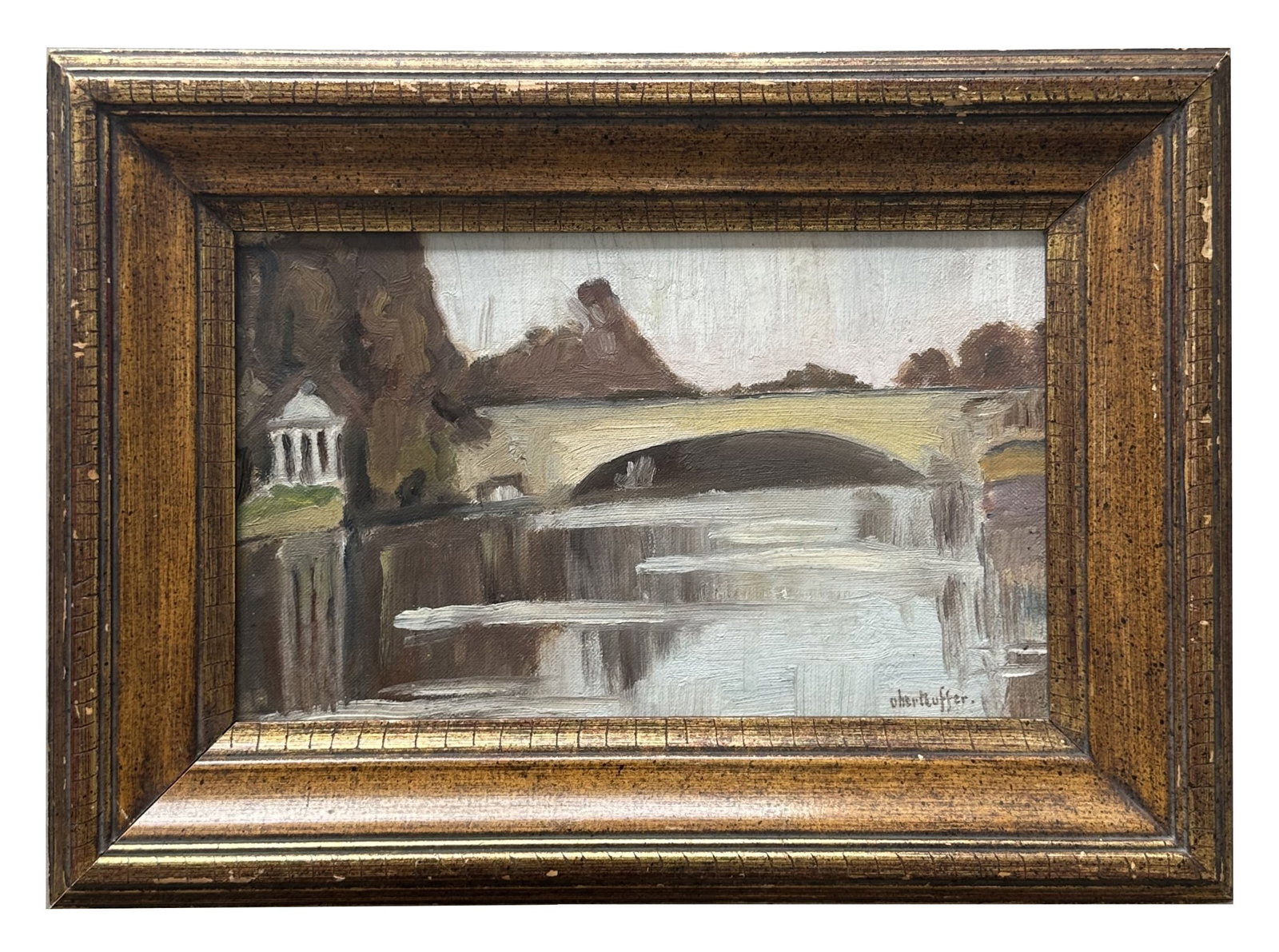 George Oberteuffer (1878 - 1940) American: George Oberteuffer (1878 - 1940) American Oil on Cartoon Measure 7"in H x 11"in W and 10 3/4"in H x 15"in W with frame Known for: Impressionist landscape-structure, marine and genre painting Biography