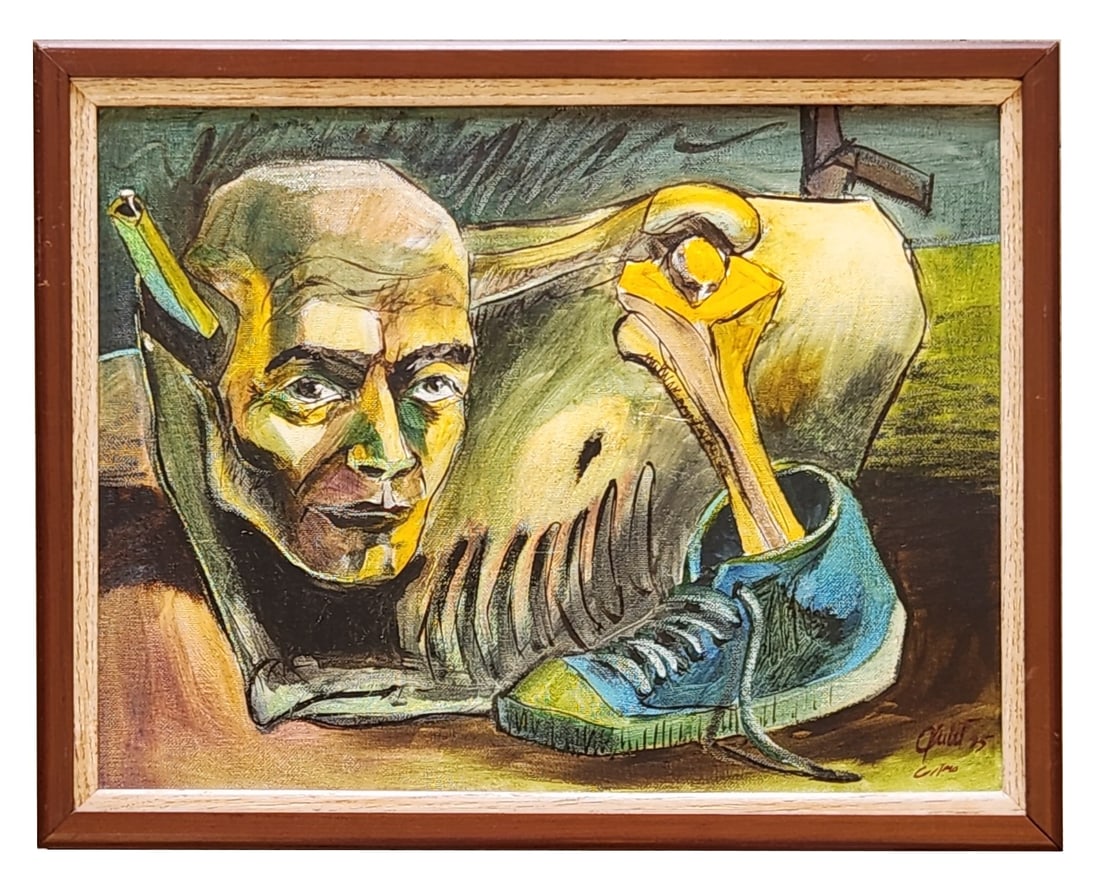 Surrealist Composition with Head, Bone, and Shoe, Oil Painting , Illegibly Signed, 1995 (1 of 6)
