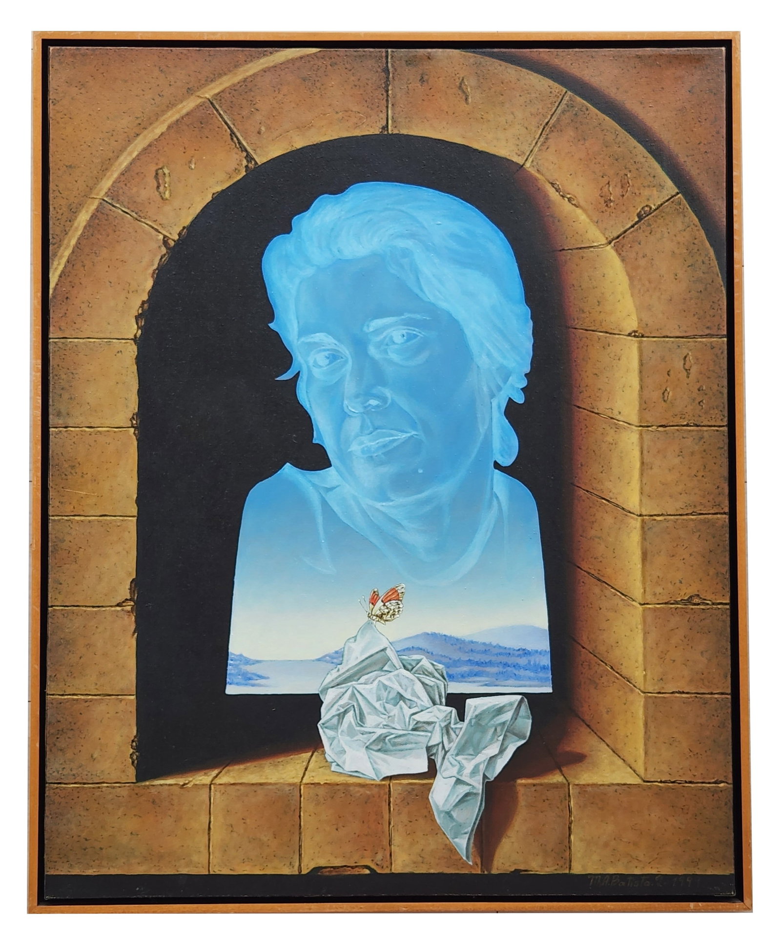 M.A. Batista S. (1999) Surrealist Oil on Canvas – Portrait with Butterfly and Crumpled Paper: Original surrealist oil painting on canvas by M.A. Batista S., signed and dated 1999 lower right. The composition presents a spectral blue bust-like portrait framed within a stone archway, overlooking
