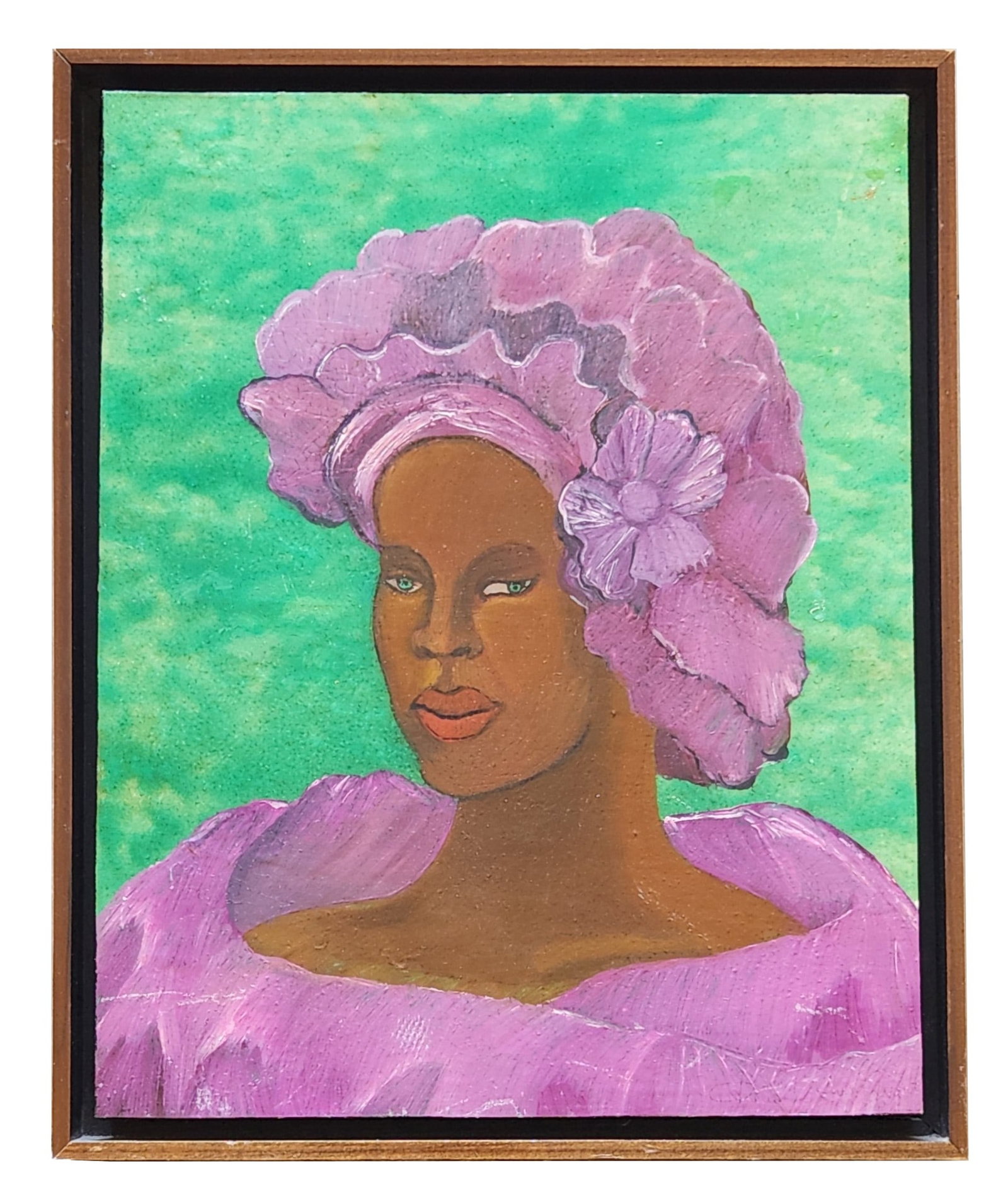 Portrait of an Elegant Woman in Lavender Headdress – Signed Original Painting: Striking portrait of a woman dressed in a flowing lavender gown and elaborate matching headdress with a floral accent. The sitter’s serene expression and stylized features stand out against a vivid 