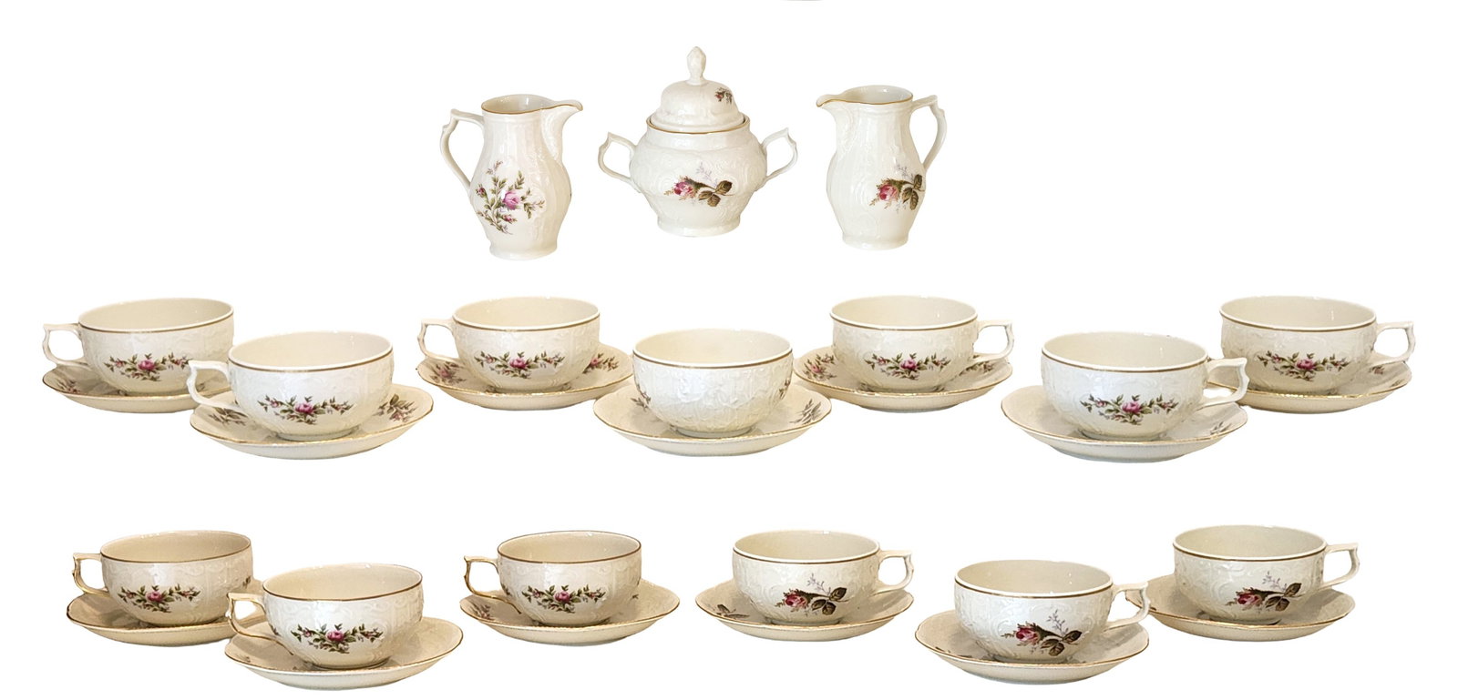 Rosenthal Classic German Porcelain Tea Service with Floral Motif, 20th Century: Elegant Rosenthal Classic porcelain tea service featuring a soft ivory ground with delicate raised scrollwork and hand-decorated floral sprays accented with gilt rims. The service includes matching te