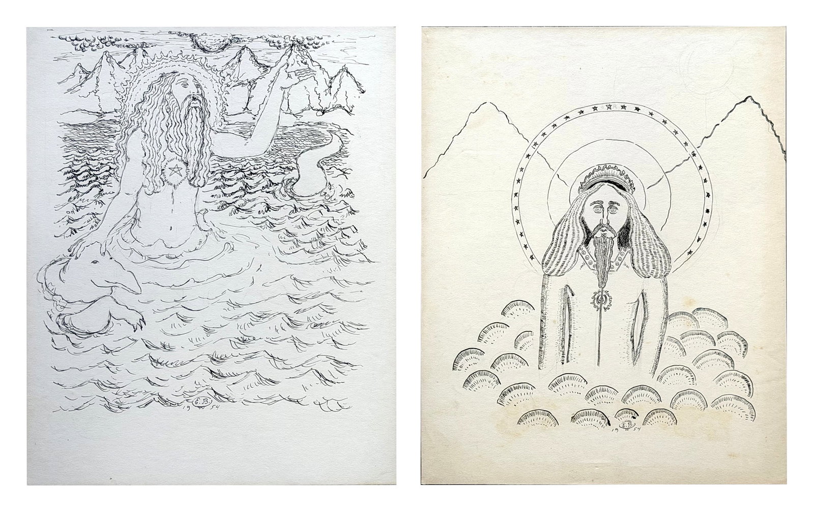Pair of 1954 Symbolist Ink Drawings on Paper, Monogrammed “E.B. (1 of 4)