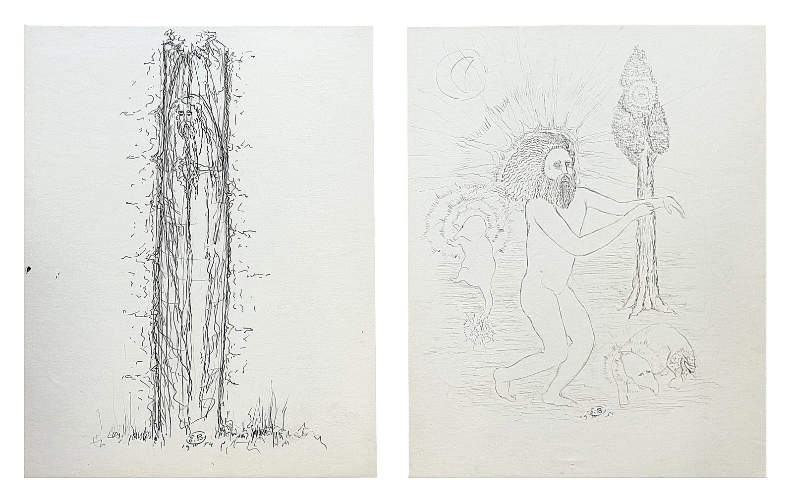 Pair of 1954 Surrealist Ink Drawings on Paper, Monogrammed “E.B.: A compelling pair of mid-century ink drawings featuring imaginative, surreal compositions rendered in delicate, expressive linework. One depicts a bearded figure emerging vertically from a tree-like f