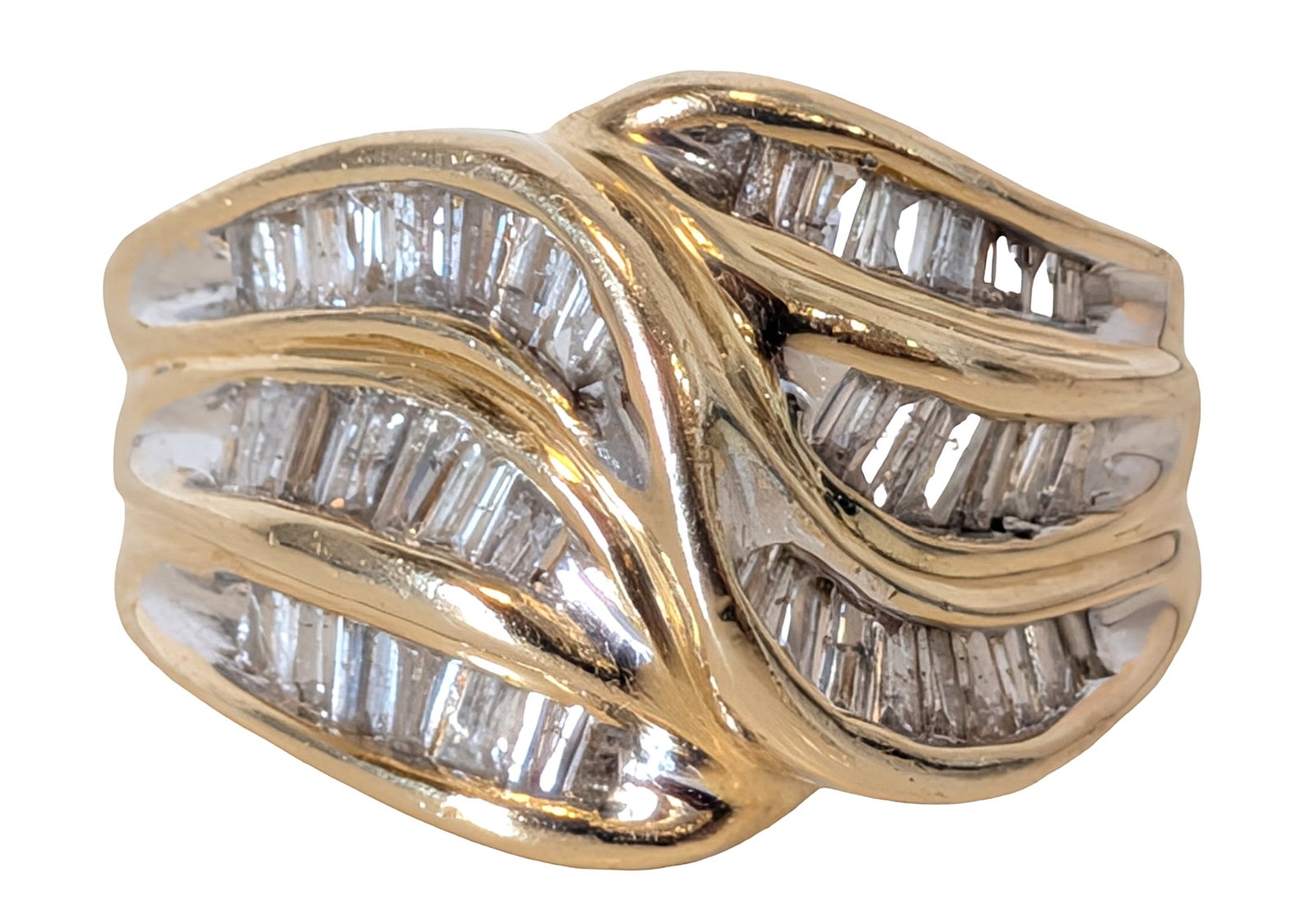 14K Yellow Gold Natural Baguette Diamond Swirl Ring ~1.5 CTW: Stylish 14K yellow gold ring featuring an elegant swirl design set with approximately 41 natural baguette-cut diamonds. The diamonds are channel-set in flowing, interwoven rows, creating a dynamic and