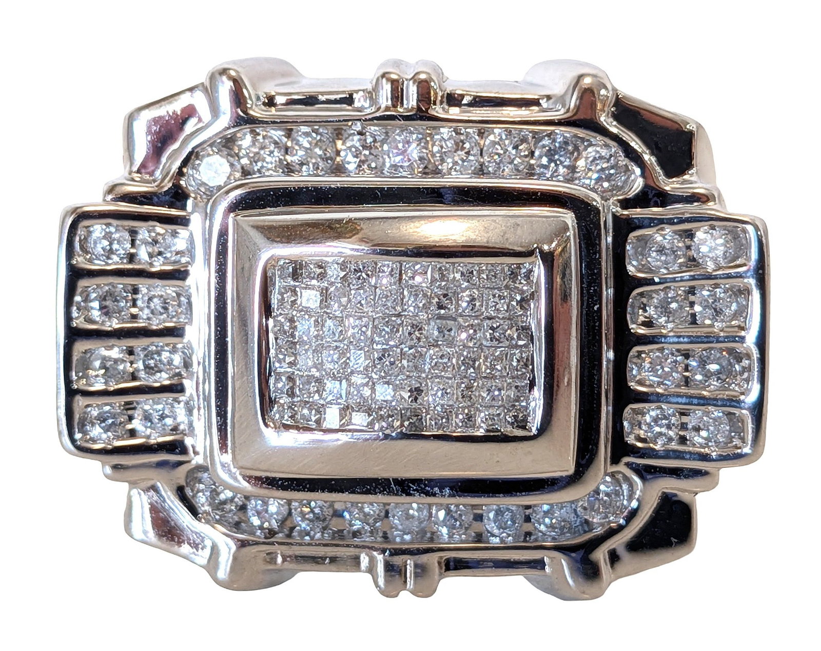 14K White Gold Natural Diamond Cluster Ring ~1.5 CTW: Striking 14K white gold ring featuring a bold rectangular cluster design set with approximately 94 natural diamonds. The center showcases a tight grid of sparkling diamonds, surrounded by additional r