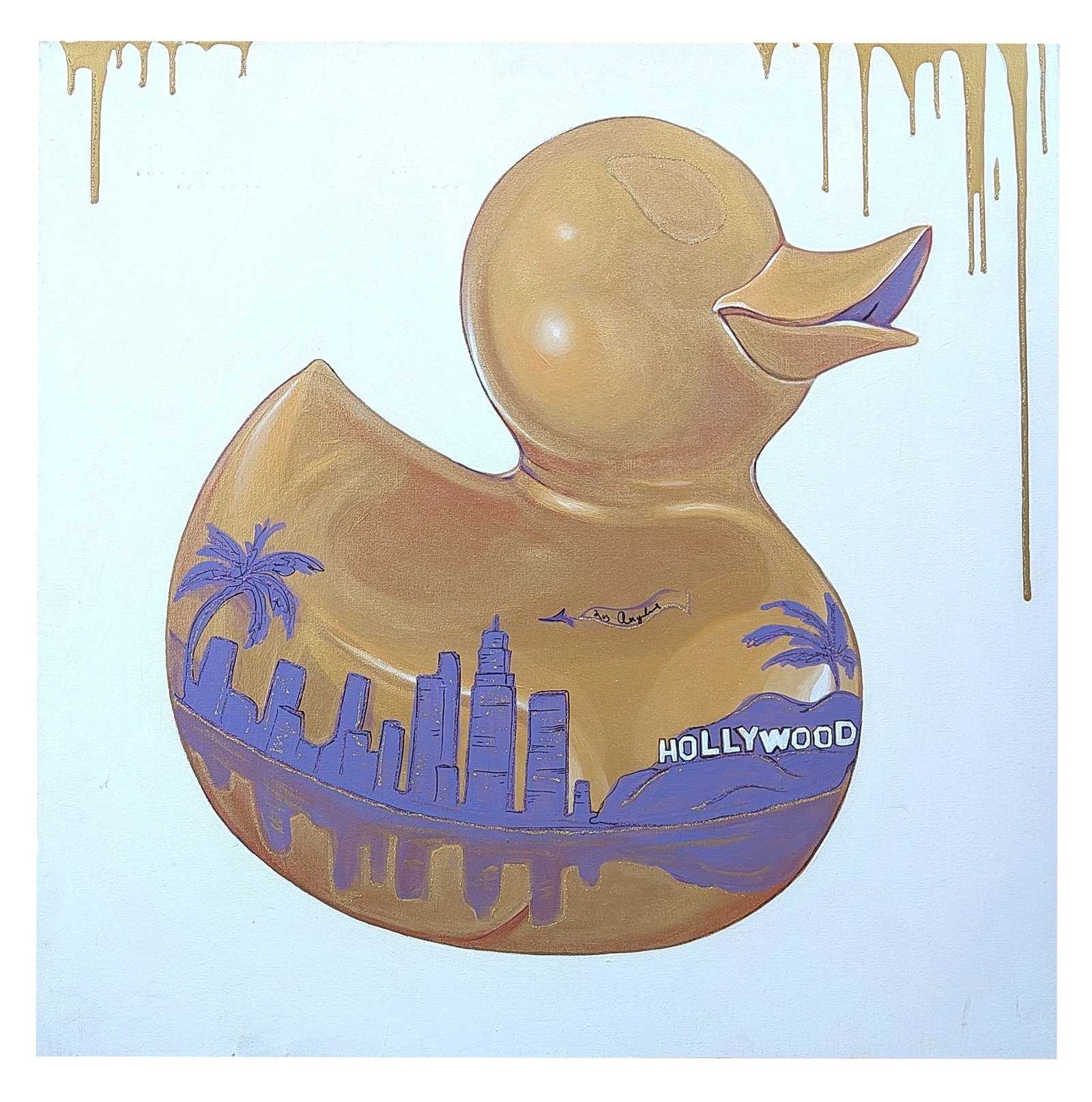 Beca Castel (20th Century) American: Beca Castel (20th Century) American Title: Golden Duck - Los Angeles Hollywood Mixed Media on Canvas Measure 36"in H x 35 1/2"in W x 1 1/2"in D